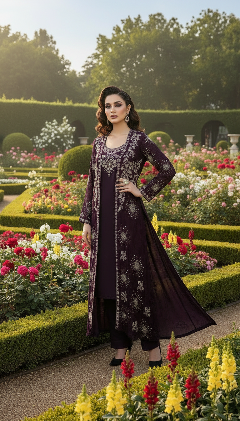 Deep Purple Indo Western Hand Embroidered Party wear Dress