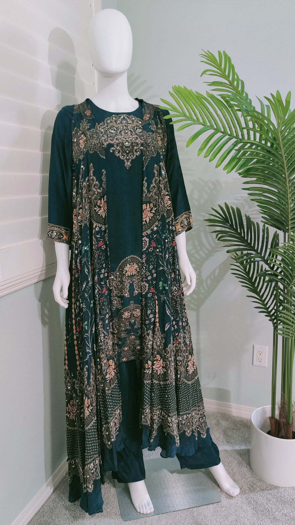 🌿 Regal Rust & Emerald Grace – Indo-Western Ensemble with Removable Jacket