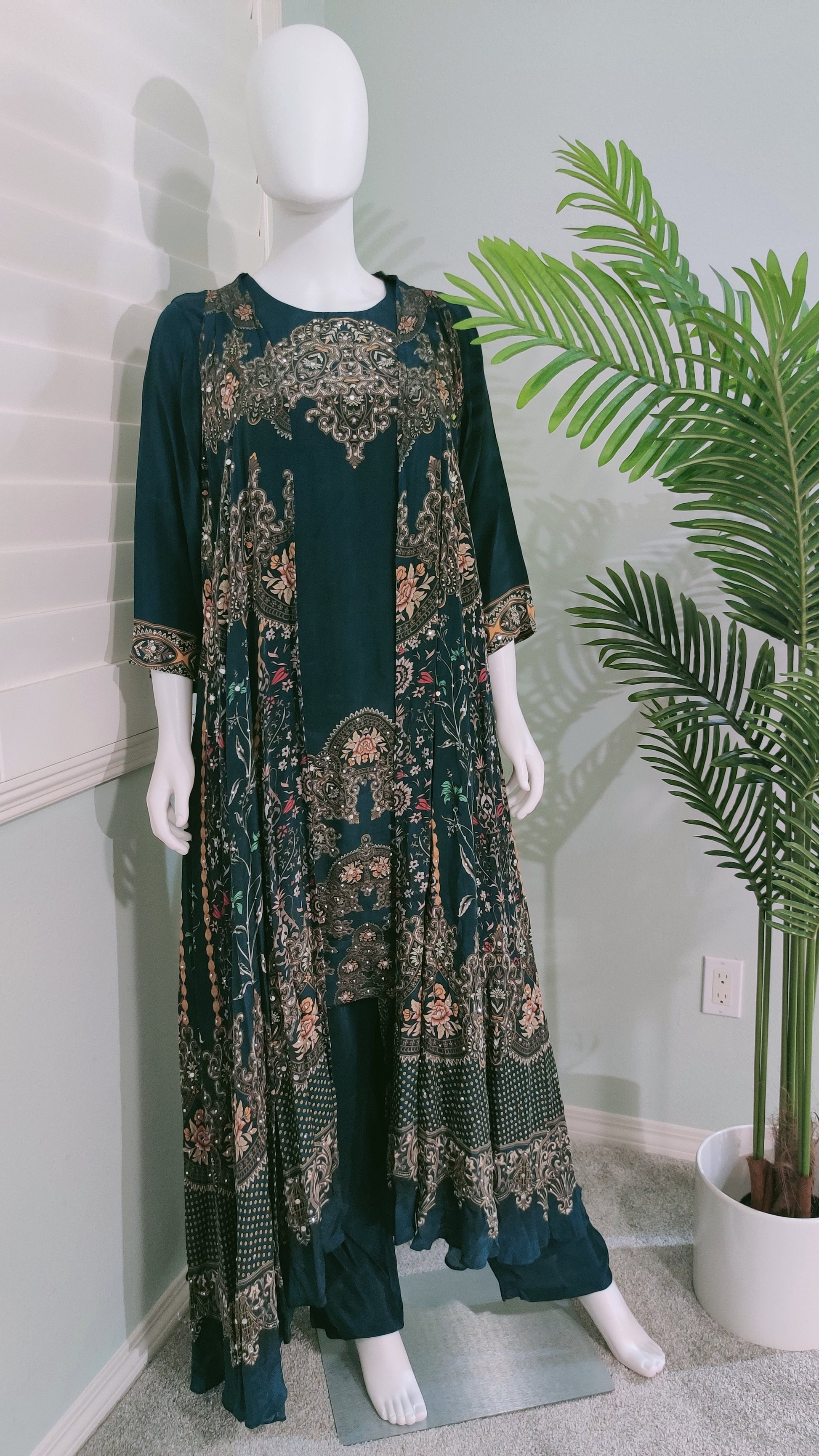 🌿 Regal Rust & Emerald Grace – Indo-Western Ensemble with Removable Jacket