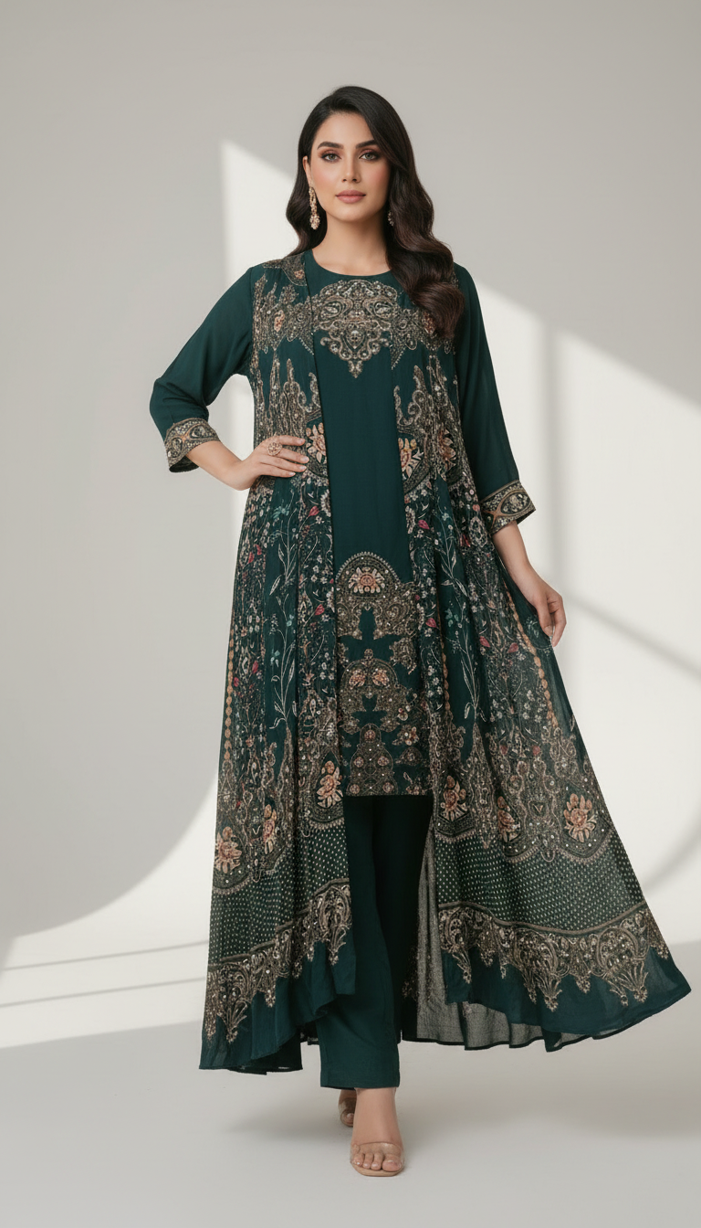 🌿 Regal Rust & Emerald Grace – Indo-Western Ensemble with Removable Jacket