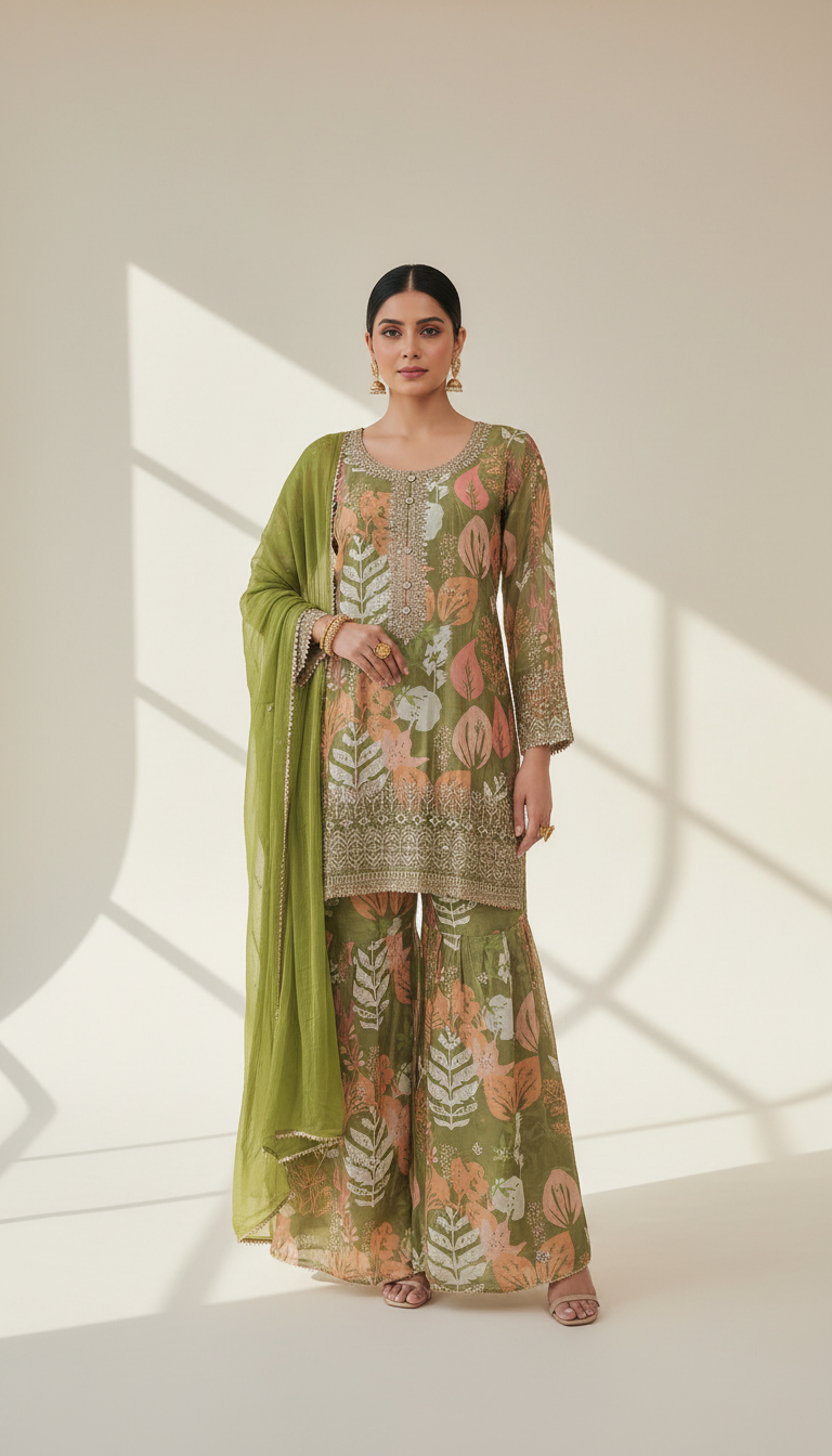 🤍Chinon Fabric Digital Printed Sharara Suit Set