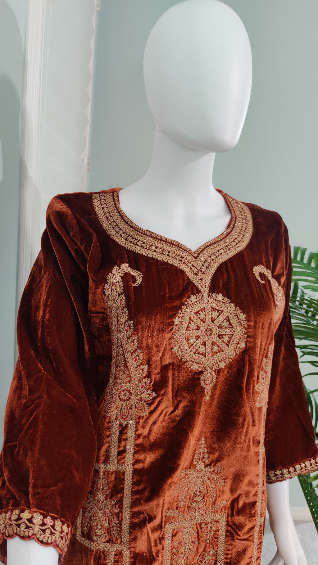 Fully Embroidered Brown Colour Velvet Suit With Embroidered Dupatta