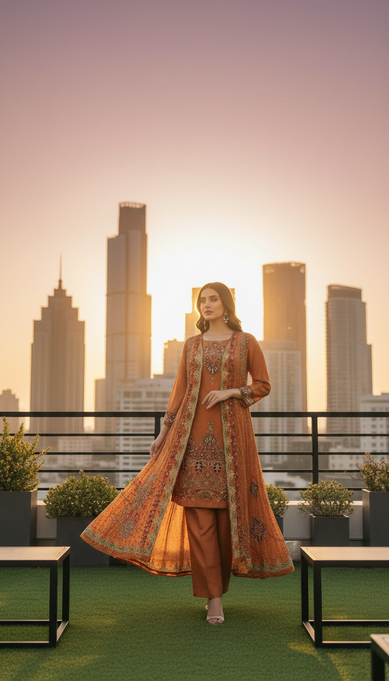 🌿 Regal Rust & Emerald Grace – Indo-Western Ensemble with Removable Jacket