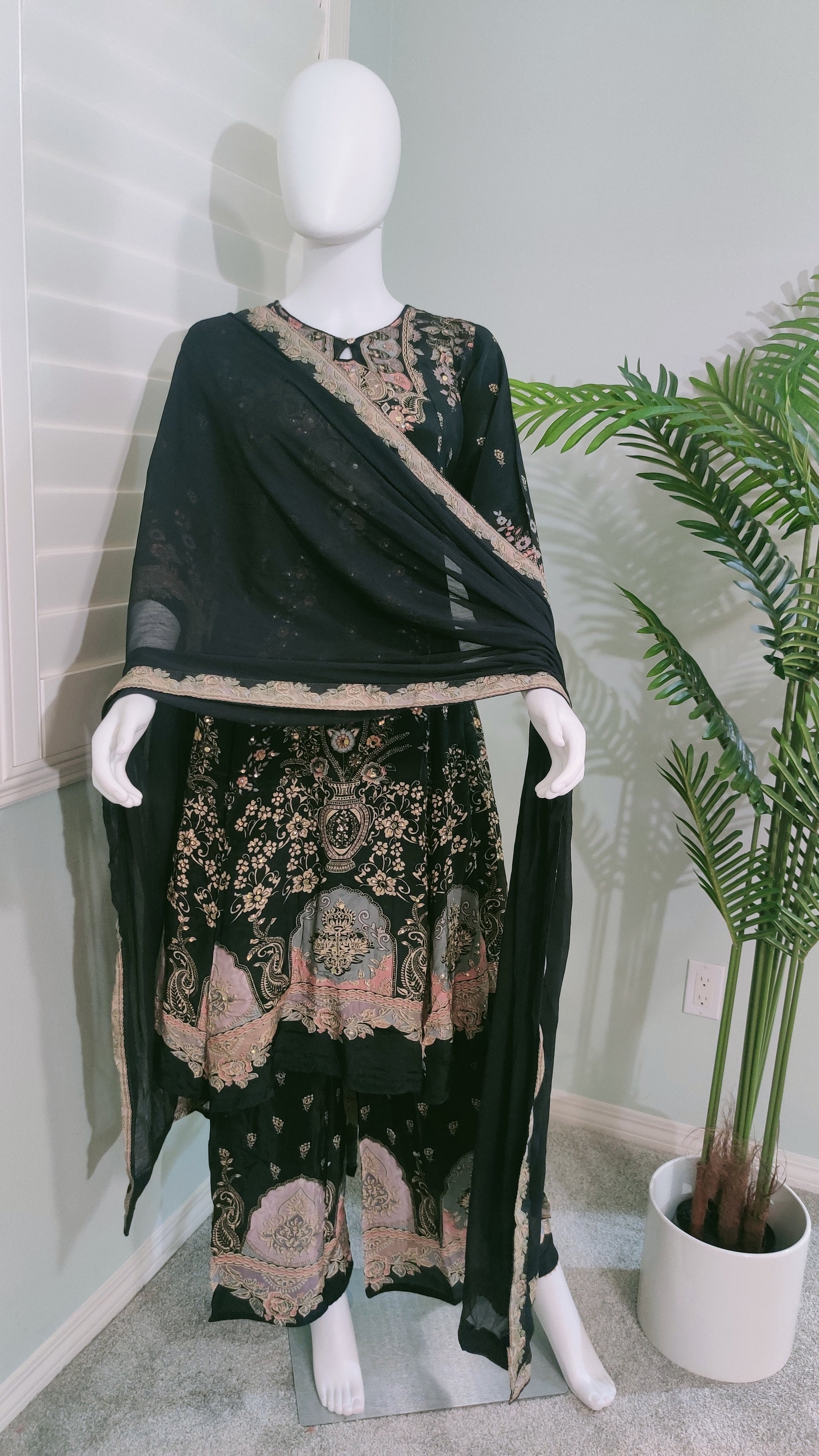 Black Digital Printed Mirror work Festive Wear Plazzo Suit