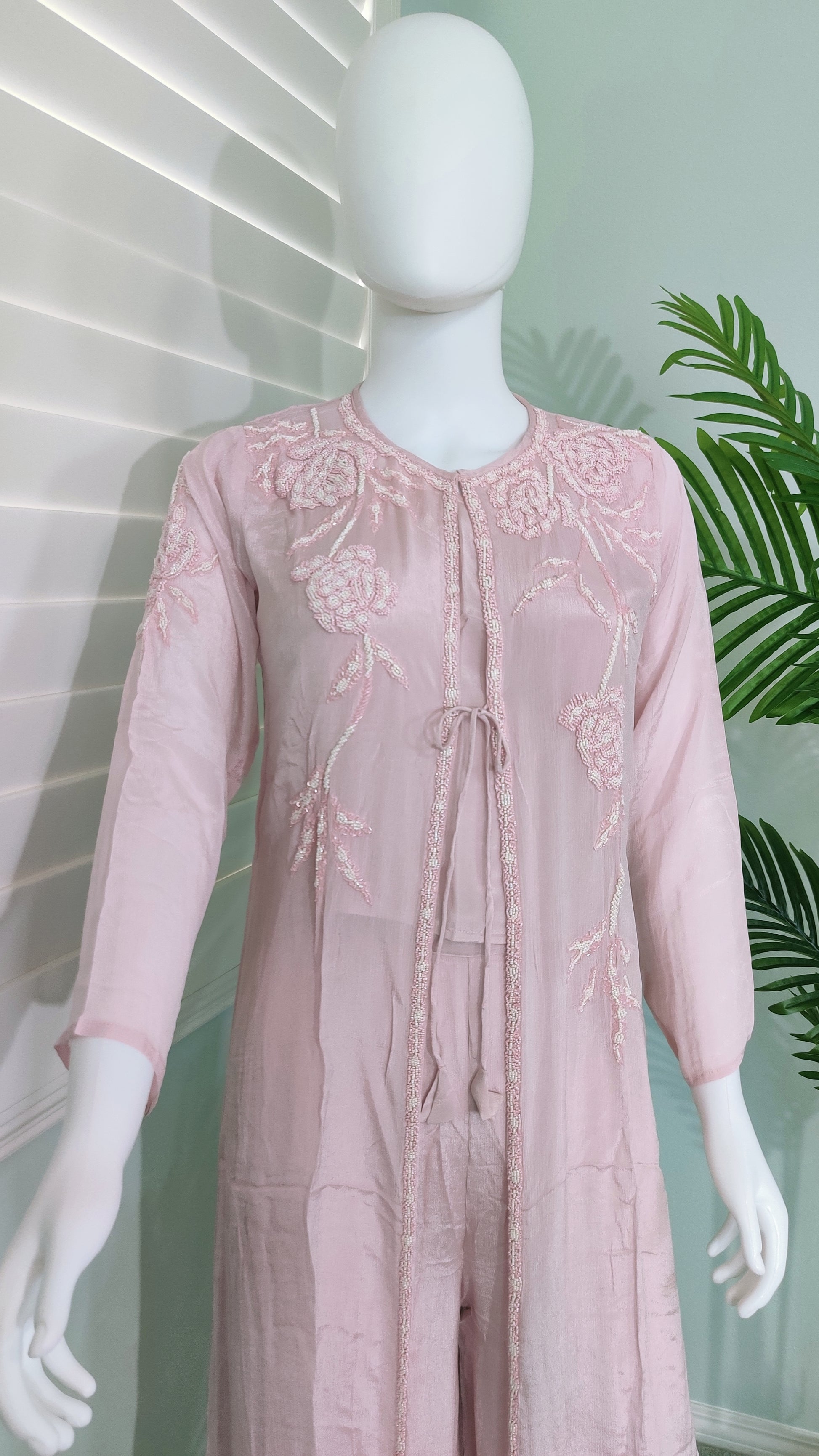 🌸 Blush Bloom: Three-Piece Indo-Western Set with Removable Jacket