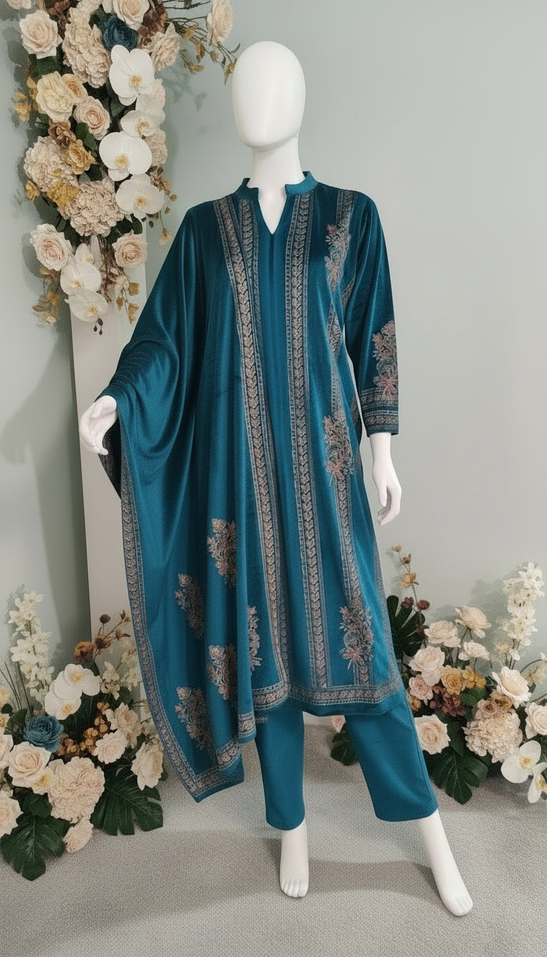 Teal Twilight: Embroidered Elegance in Velvet