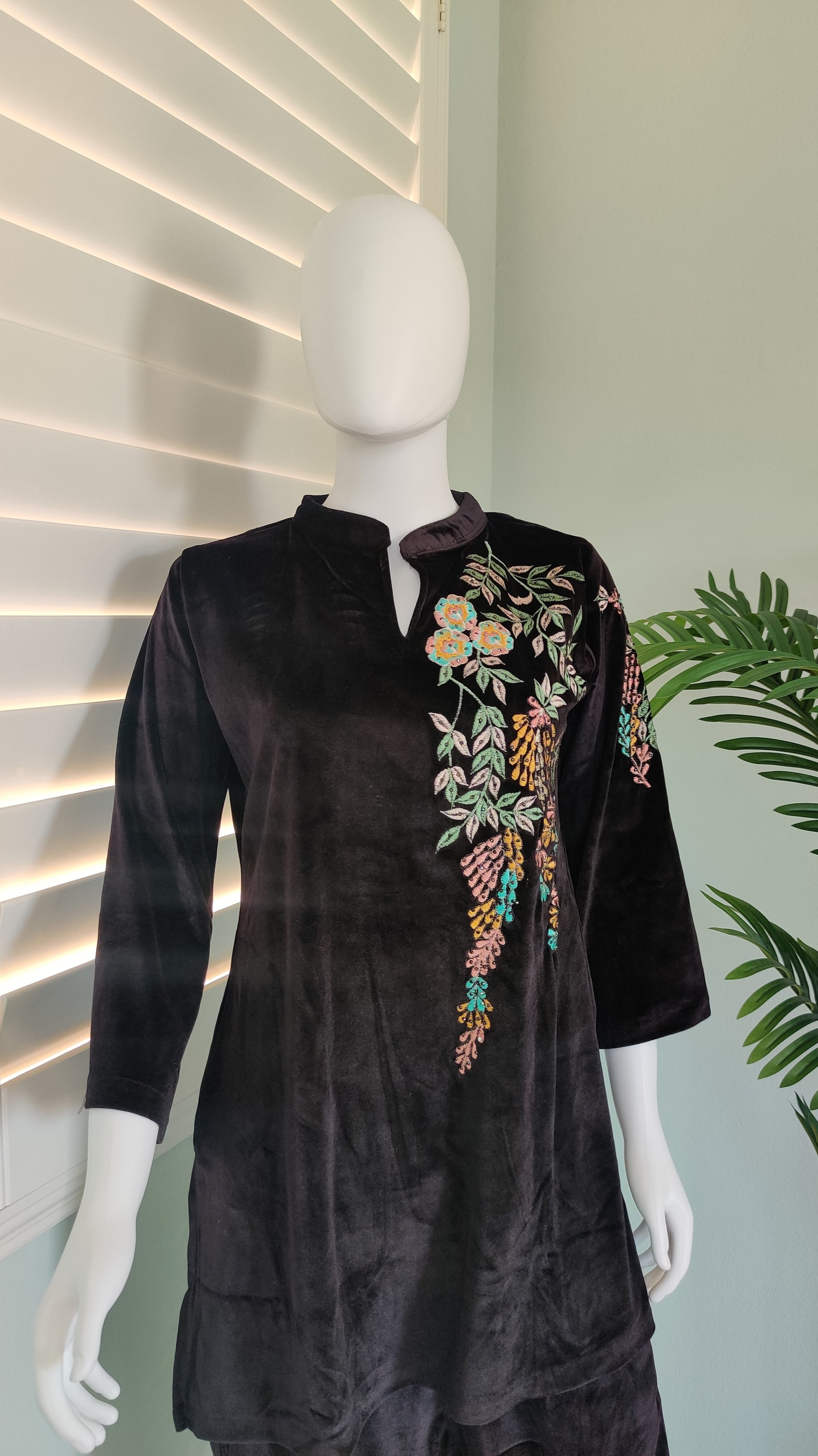 Brown Velvet Cord Set with Multicolor Floral Embroidery