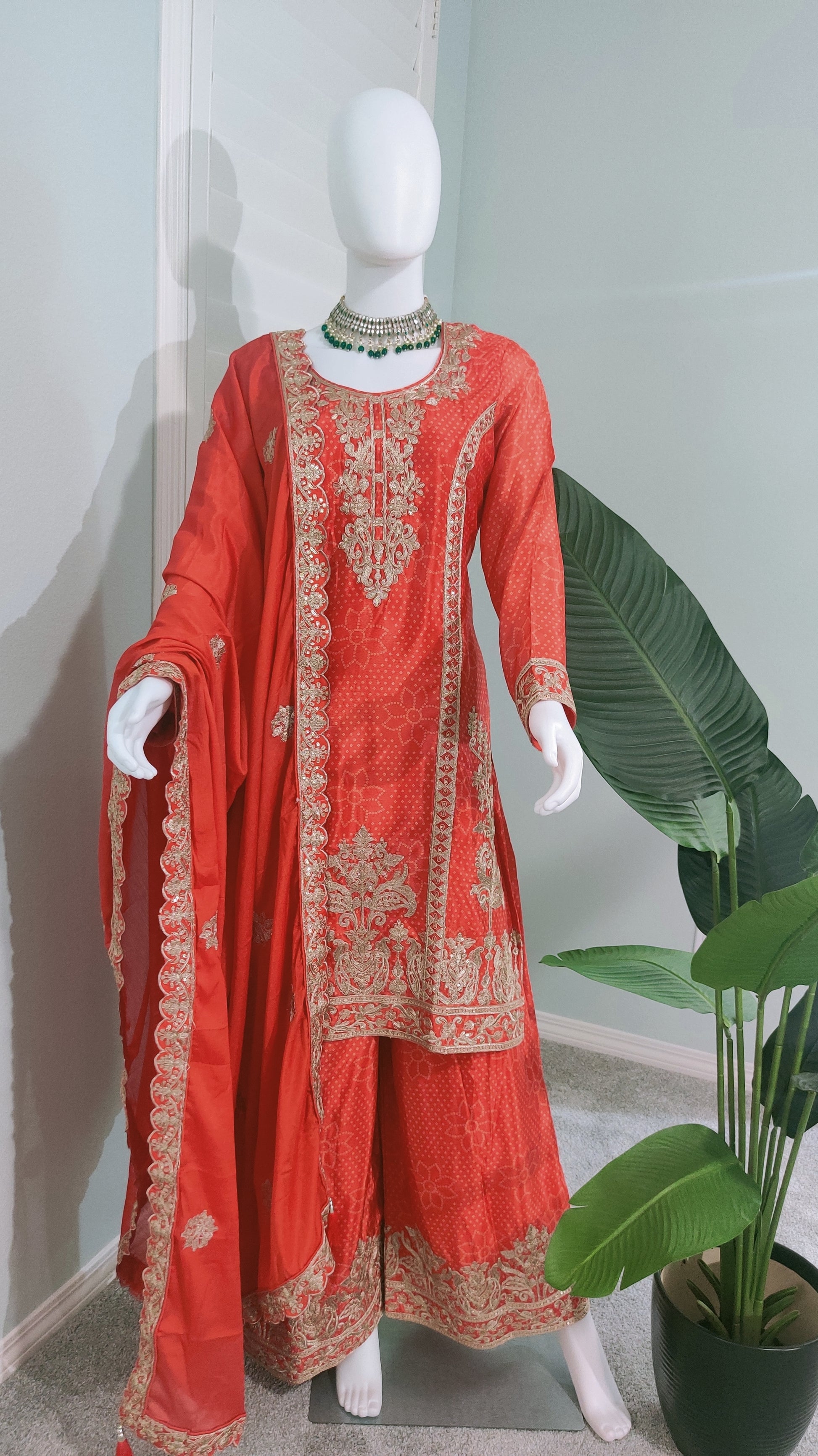 Radiance in Rust: Embroidered Palazzo Suit Set