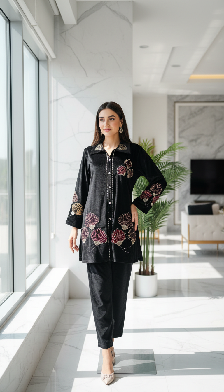 Black Velvet Elegance in Shell Embroidery