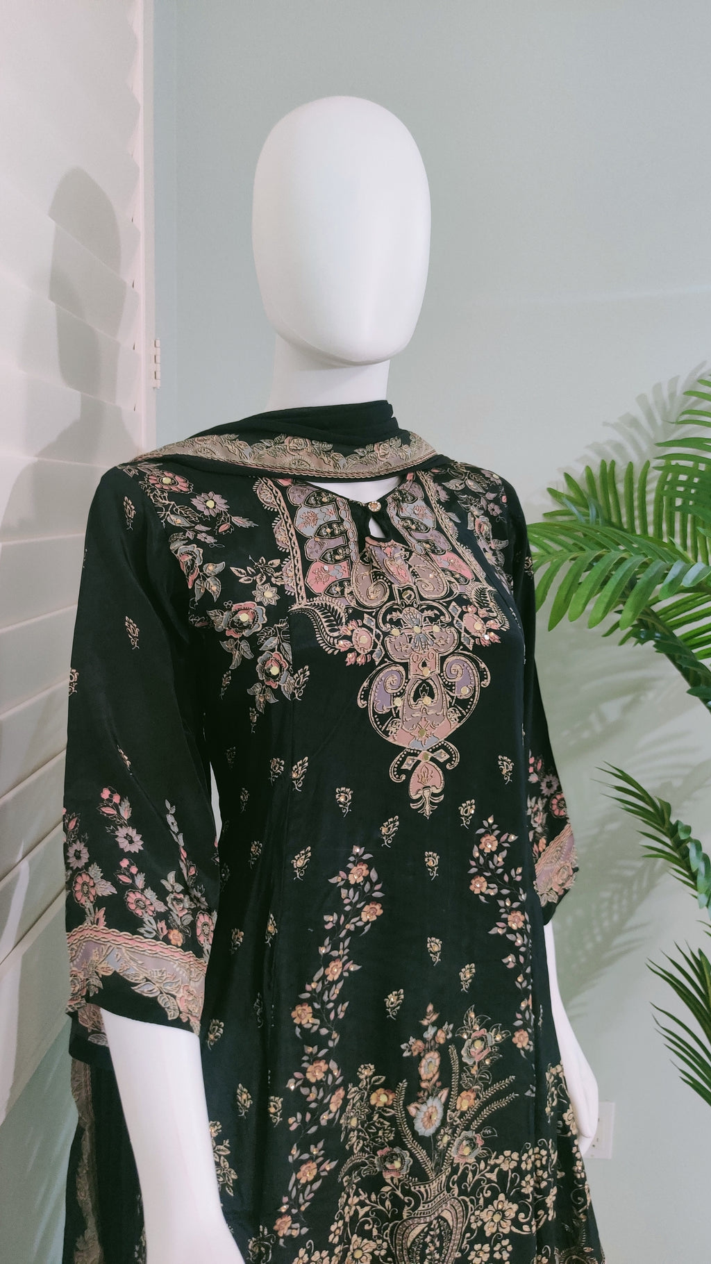 Black Digital Printed Mirror work Festive Wear Plazzo Suit