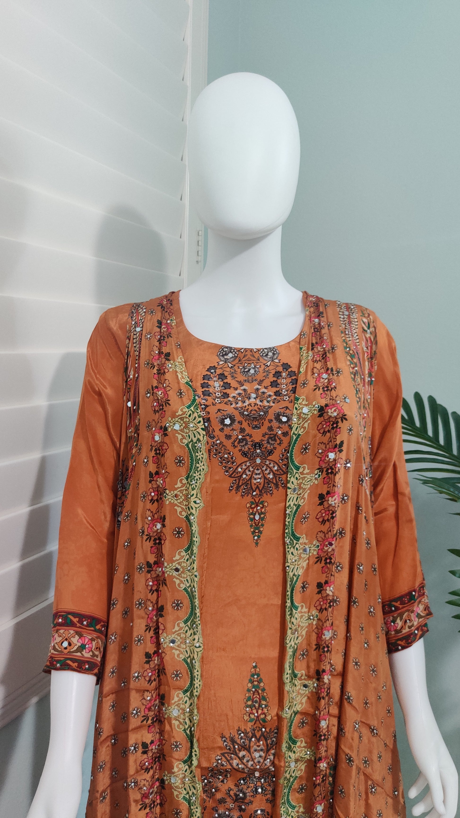 🌿 Regal Rust & Emerald Grace – Indo-Western Ensemble with Removable Jacket
