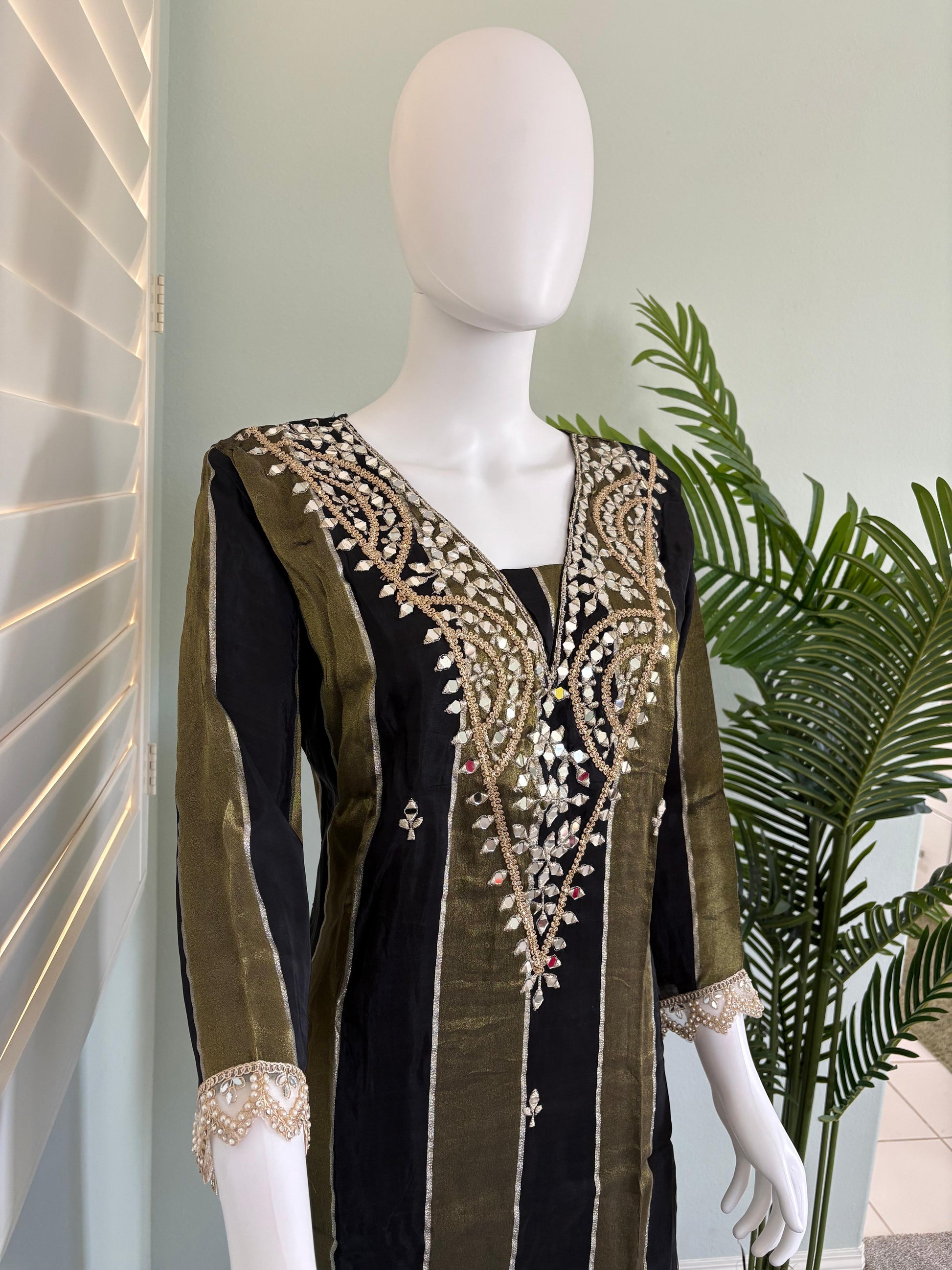 Black and Olive Embroidered Straight Pant Kurta set