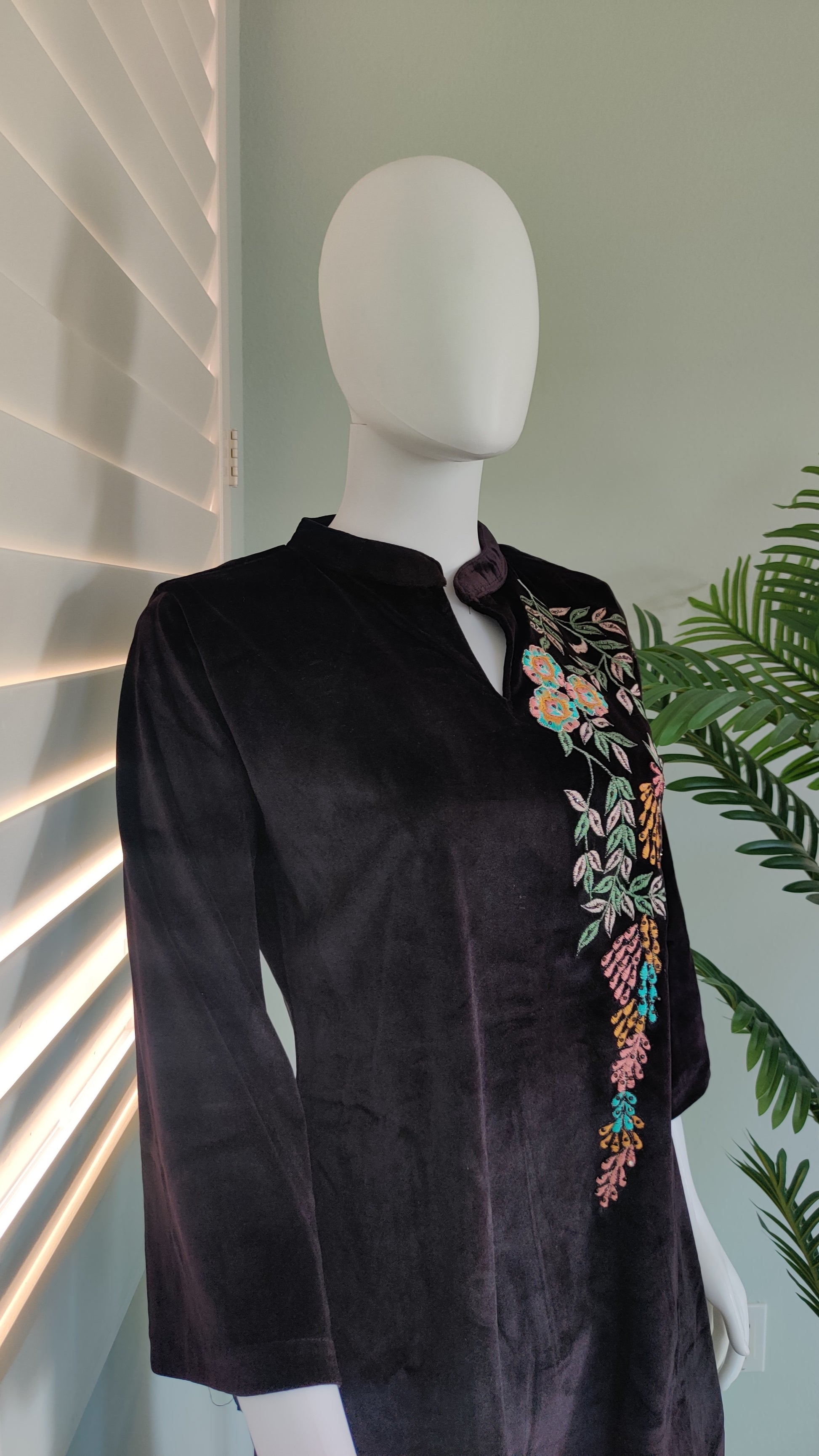 Brown Velvet Cord Set with Multicolor Floral Embroidery