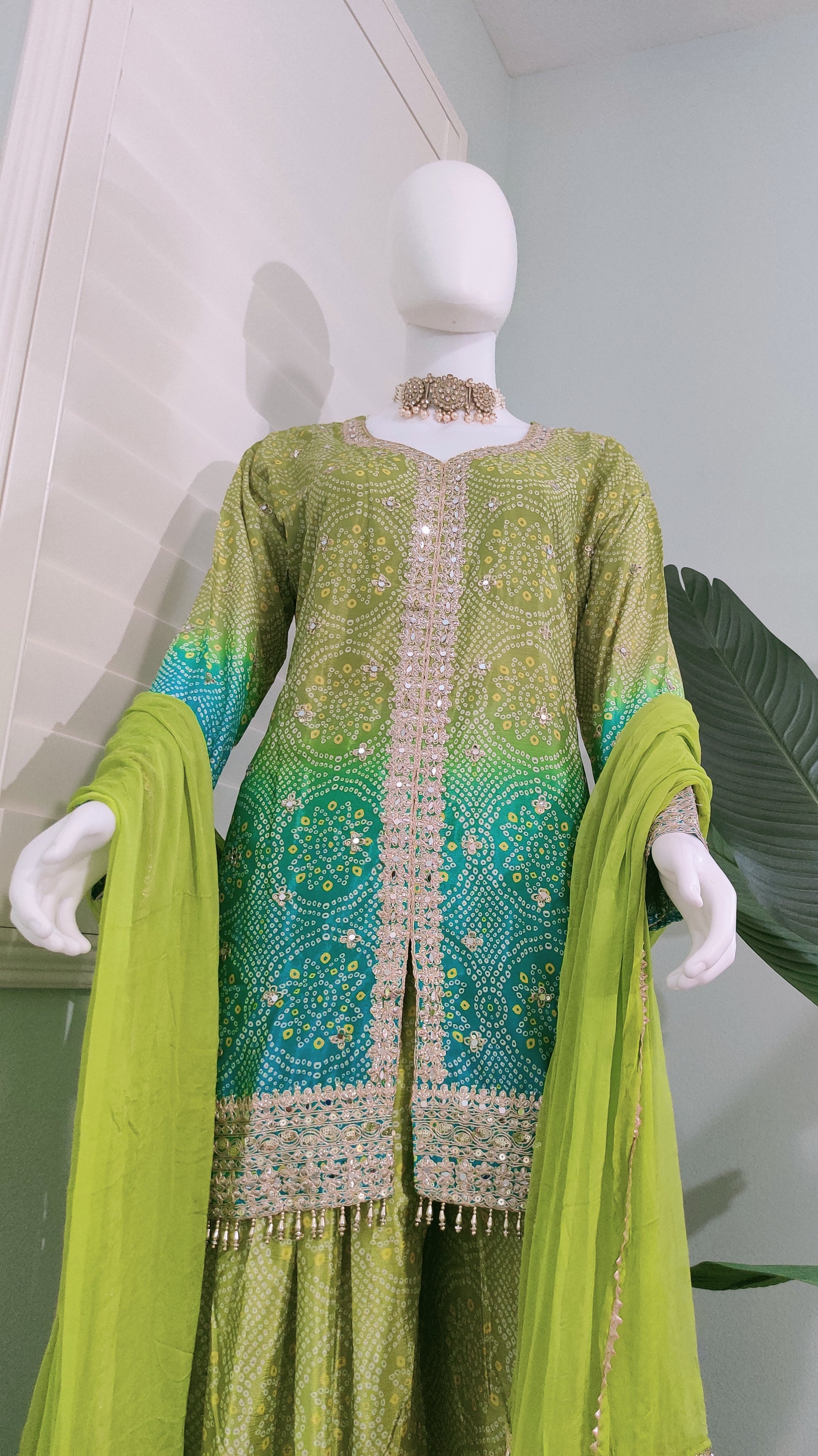 Chinnon Fabric Bandhej Print Heavy Palazzo Kurta Set