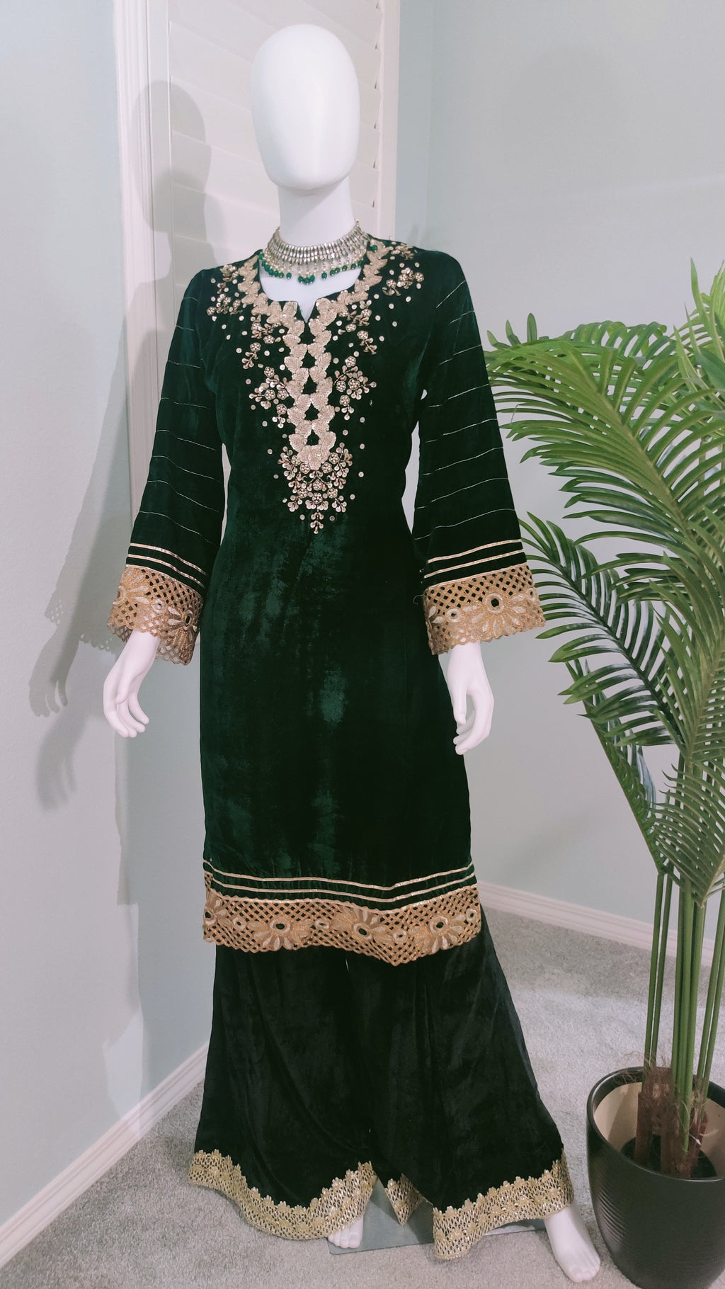 Embroidered Bottle Green Velvet Suit With Black Palazzo And Back Dupatta