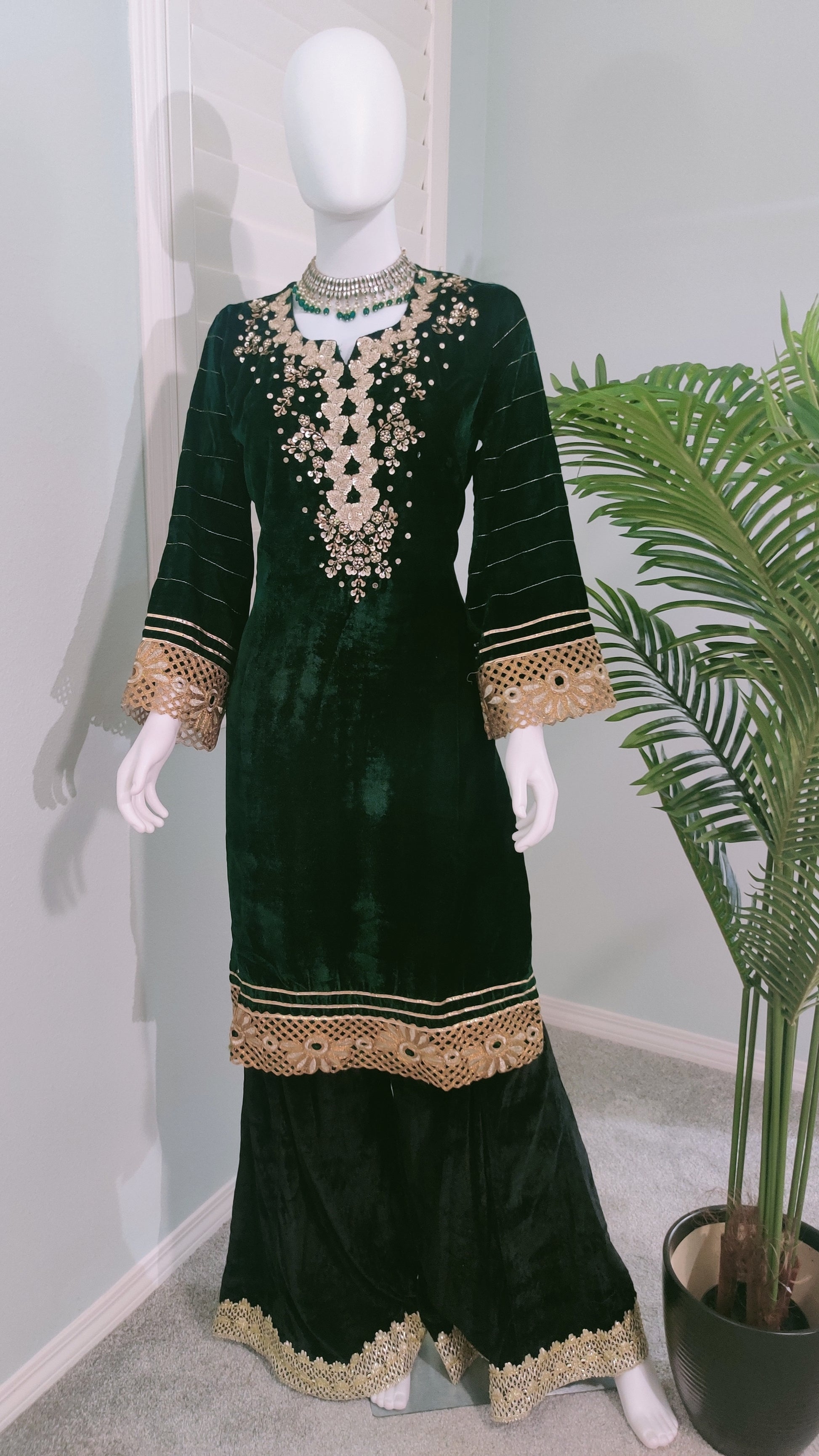 Embroidered Bottle Green Velvet Suit With Black Palazzo And Back Dupatta
