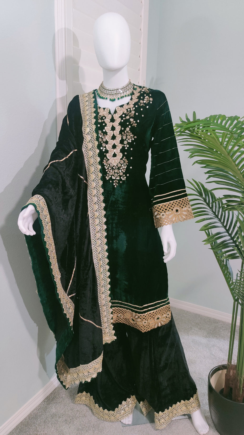 Embroidered Bottle Green Velvet Suit With Black Palazzo And Back Dupatta