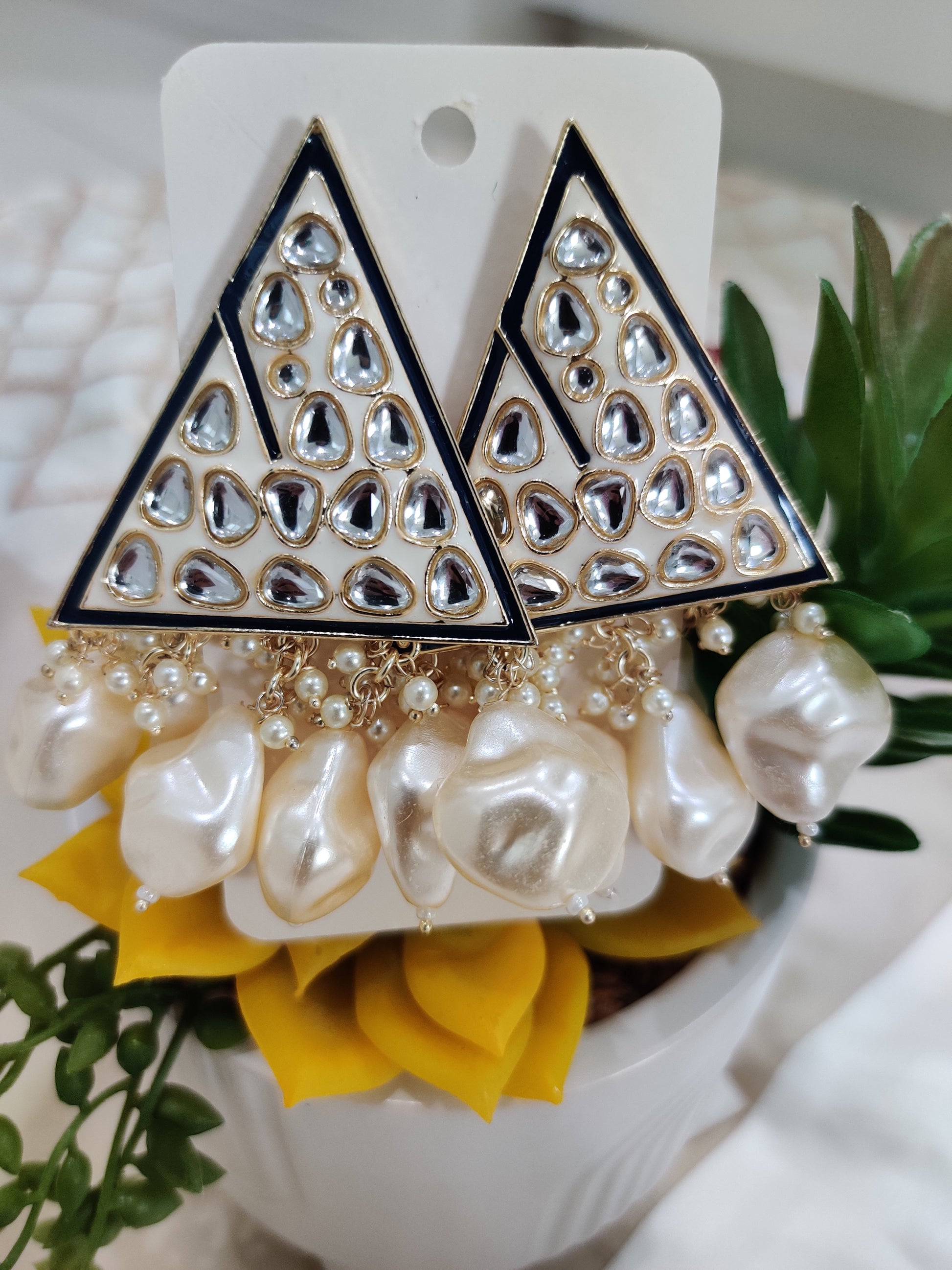 ✨ Triangular Mirror-Work Earrings with Pearl Accents