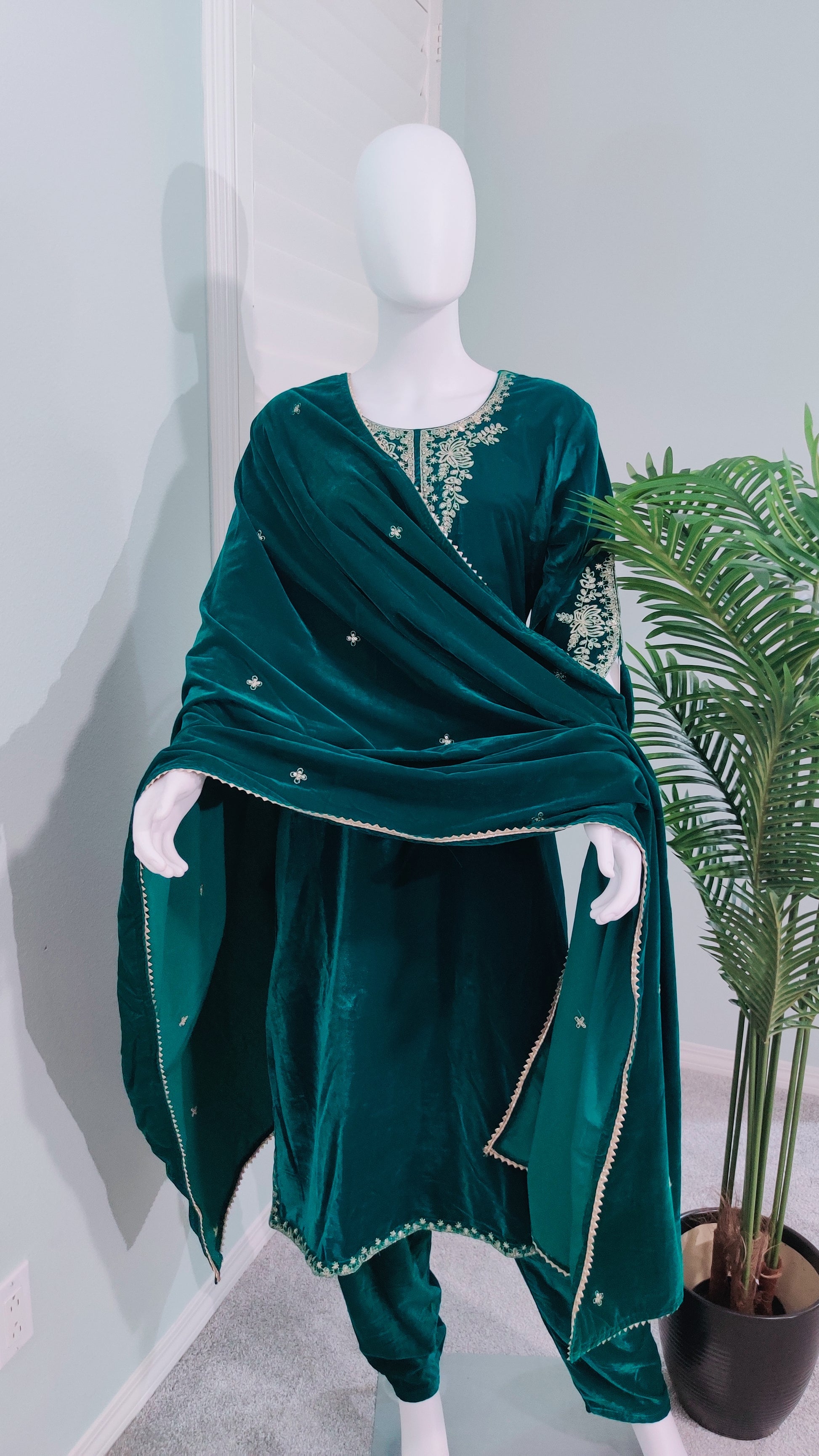Embroidered Emerald Green Velvet Suit With Embroidered Dupatta