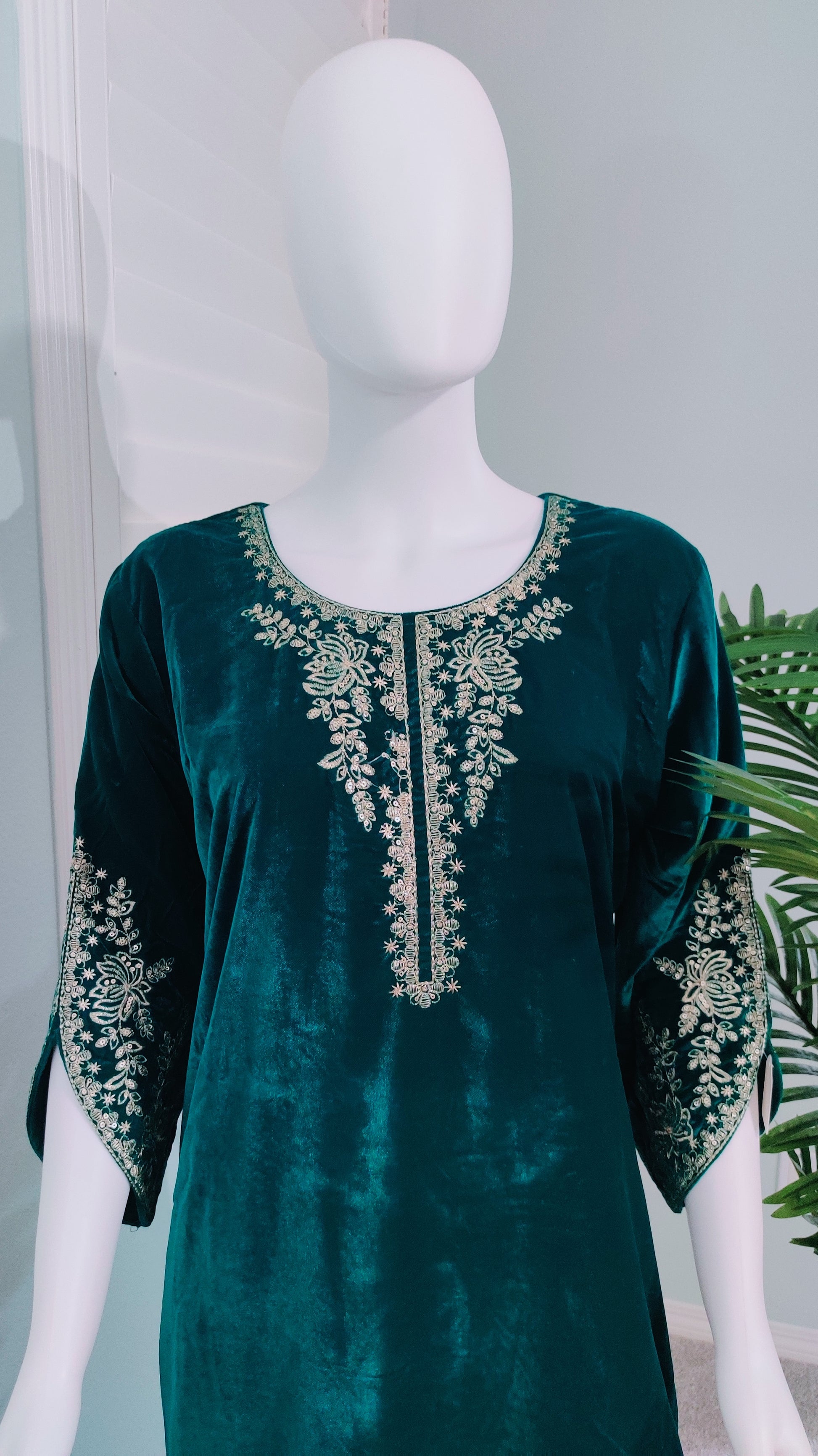 Embroidered Emerald Green Velvet Suit With Embroidered Dupatta
