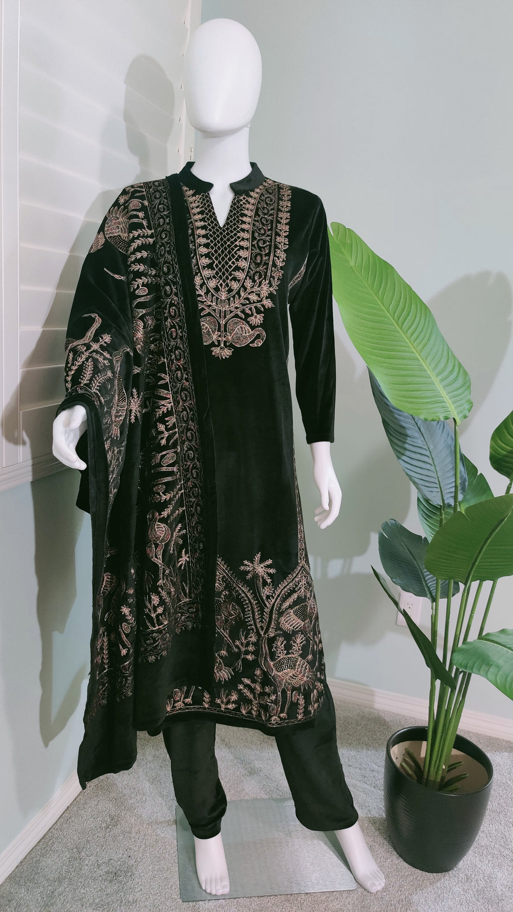 Black, bold, and beautifully embroidered Velvet Kurta set