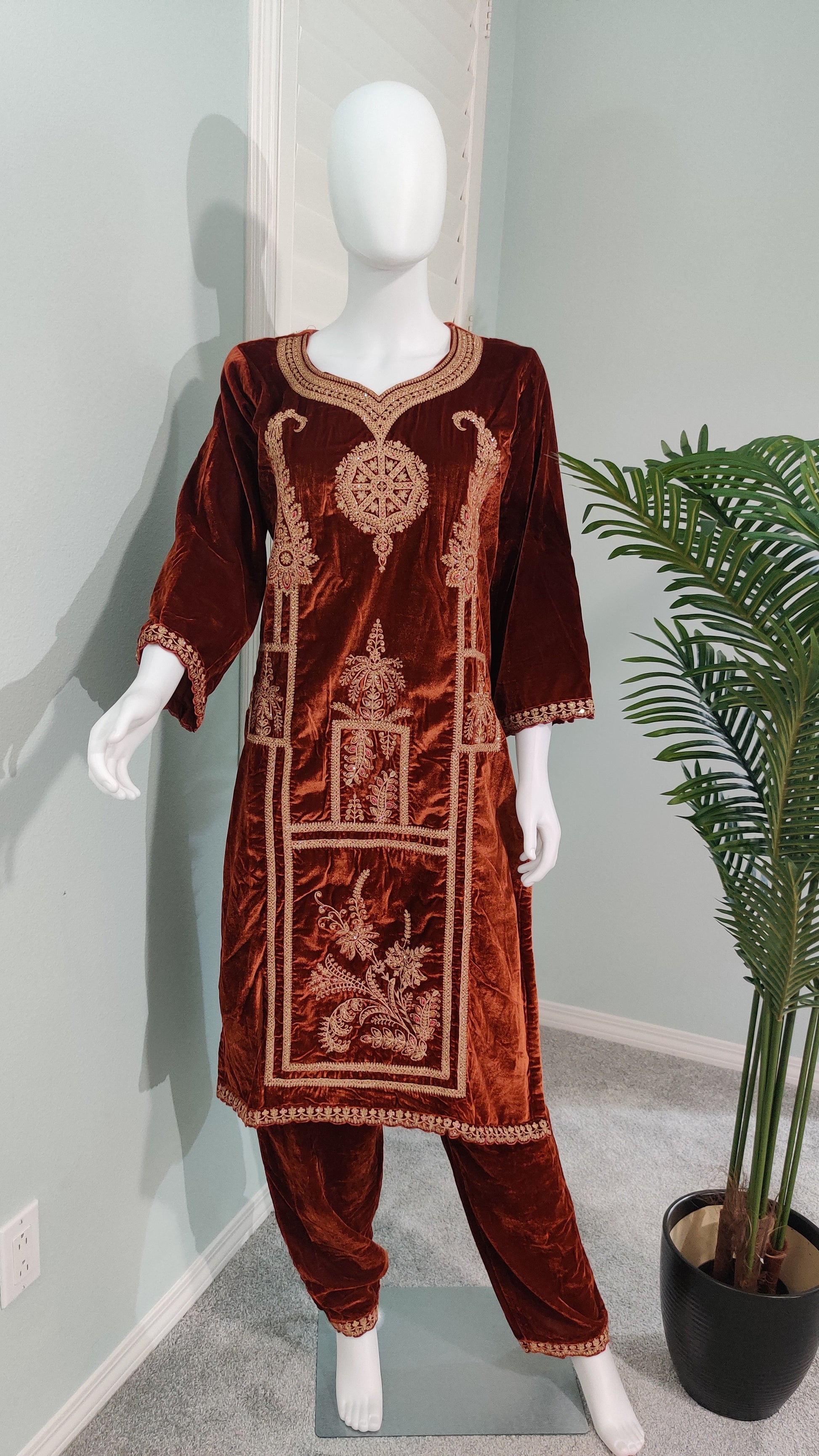 Fully Embroidered Brown Colour Velvet Suit With Embroidered Dupatta