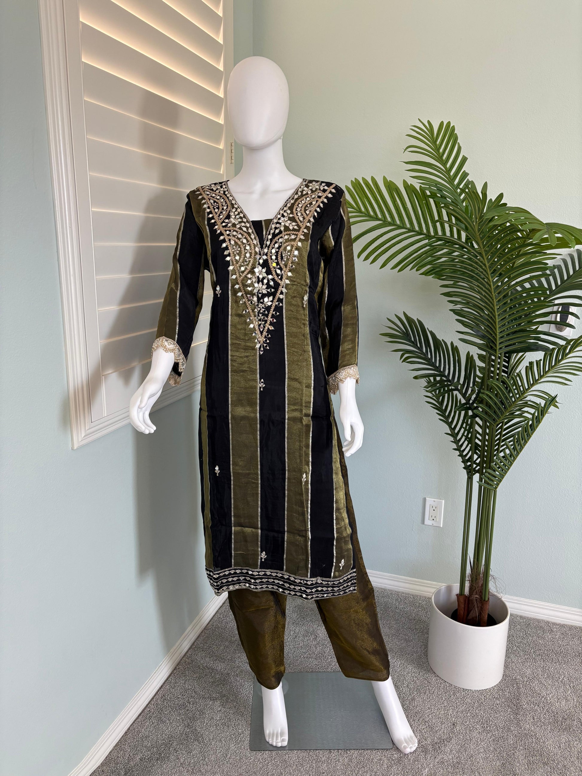Black and Olive Embroidered Straight Pant Kurta set