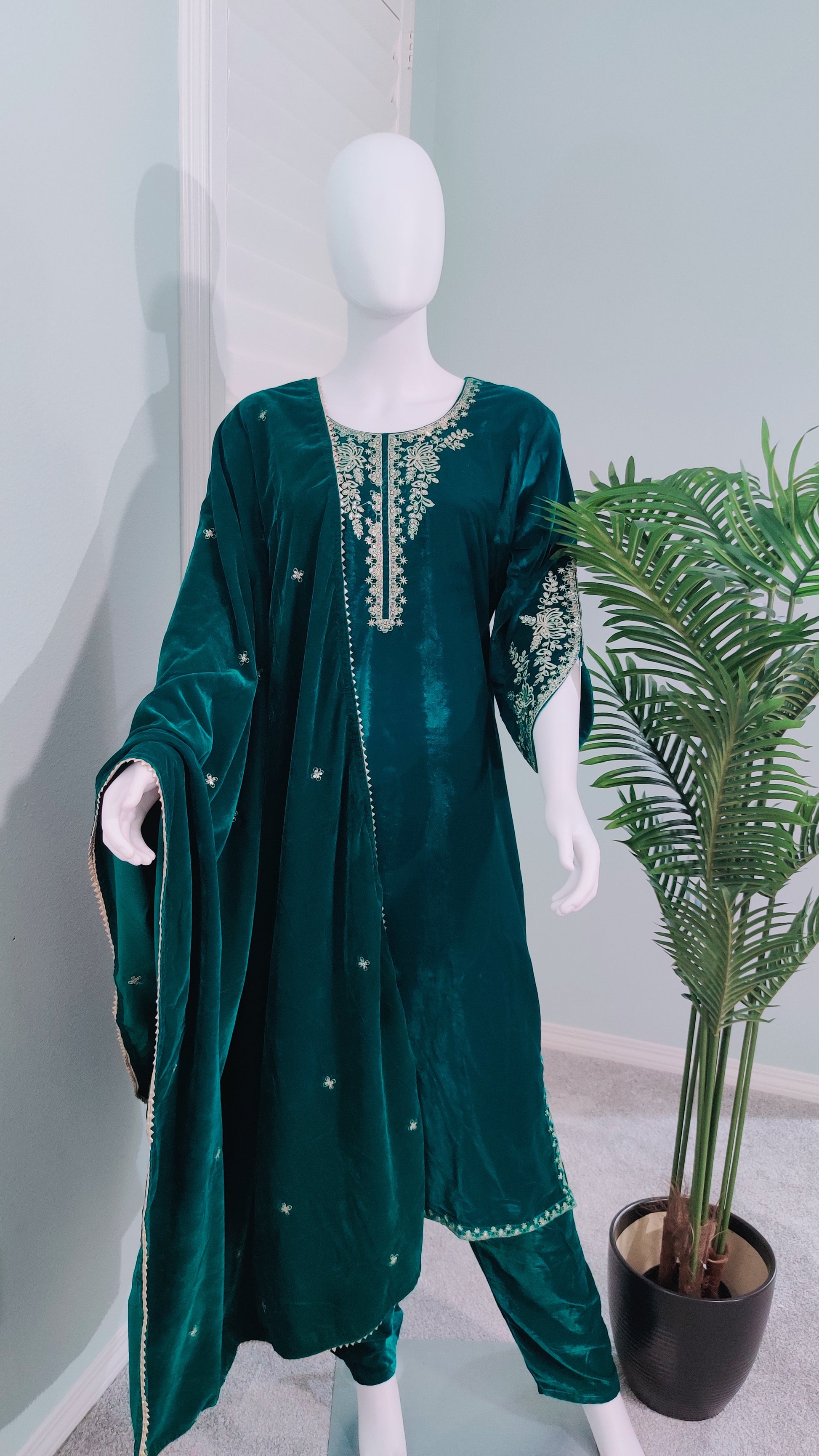 Embroidered Emerald Green Velvet Suit With Embroidered Dupatta