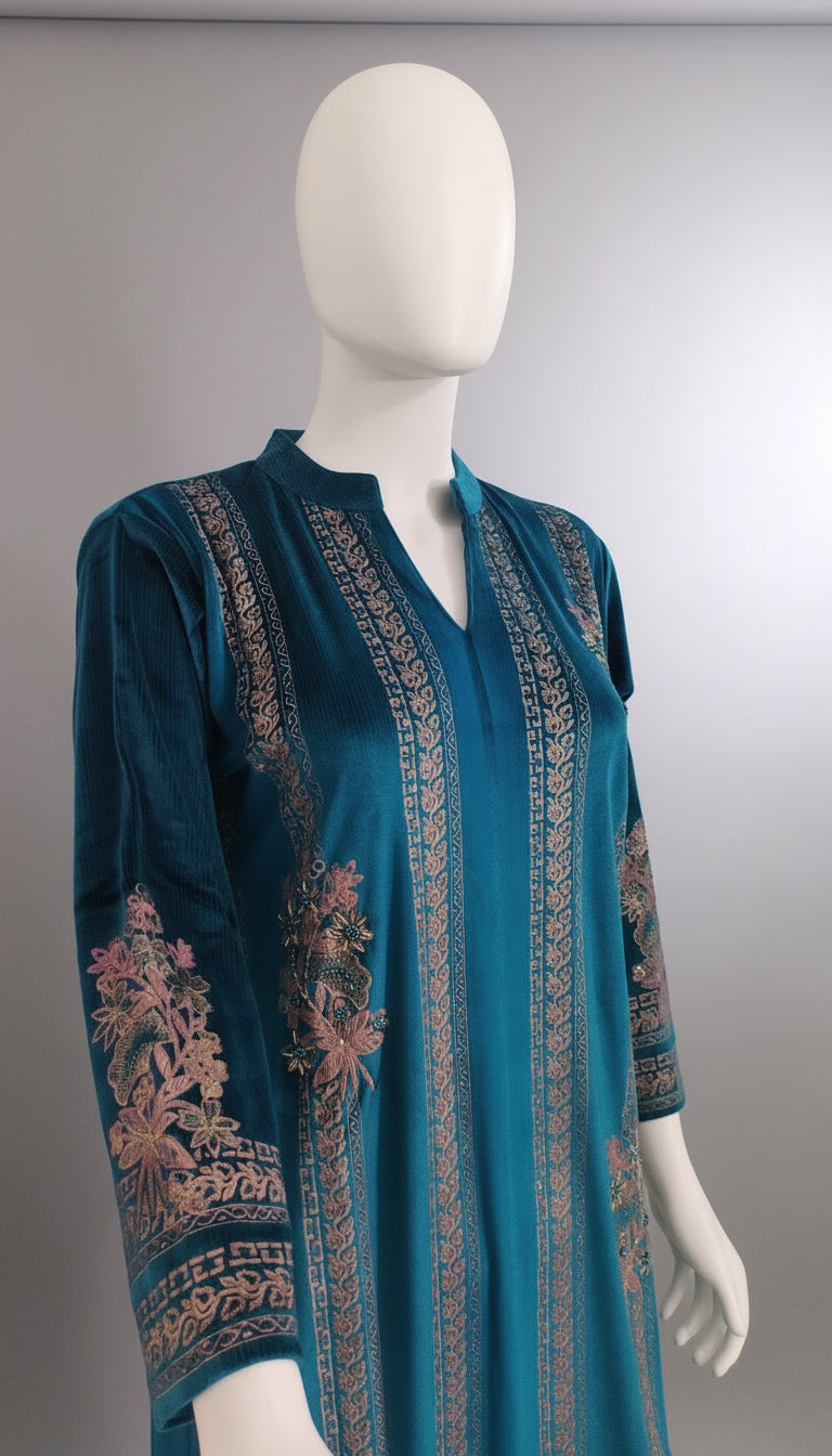 Teal Twilight: Embroidered Elegance in Velvet
