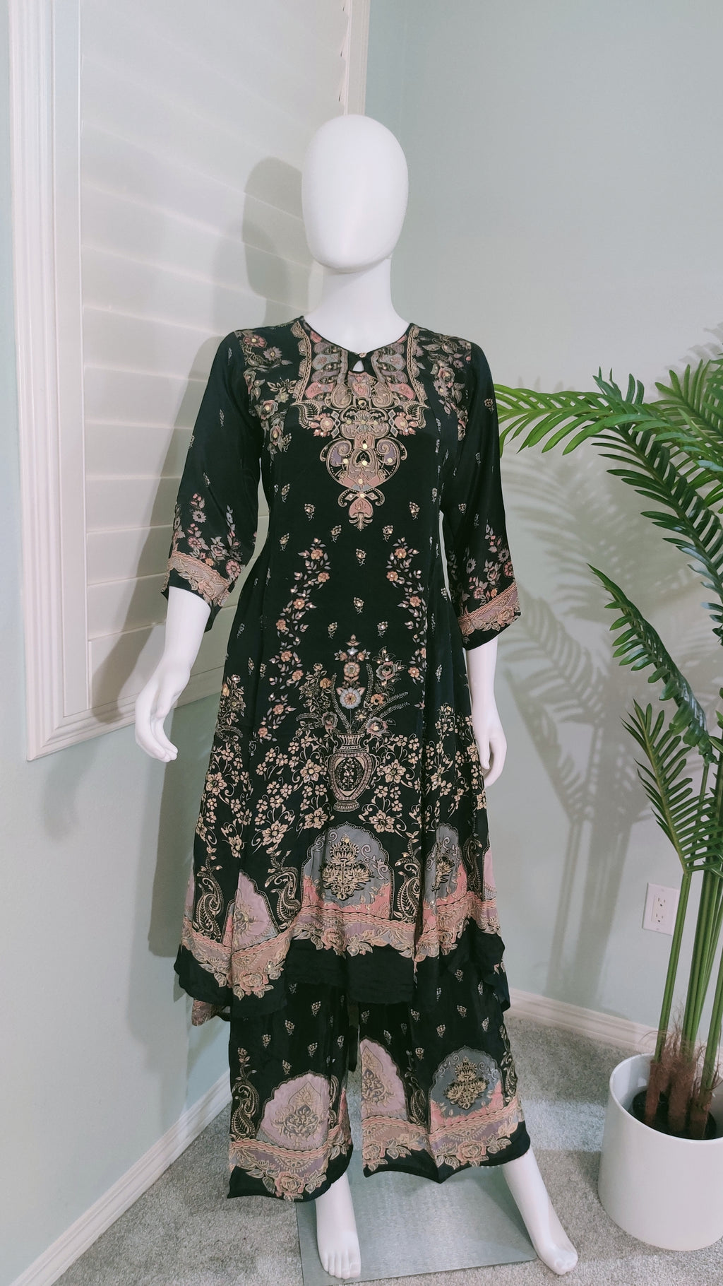 Black Digital Printed Mirror work Festive Wear Plazzo Suit