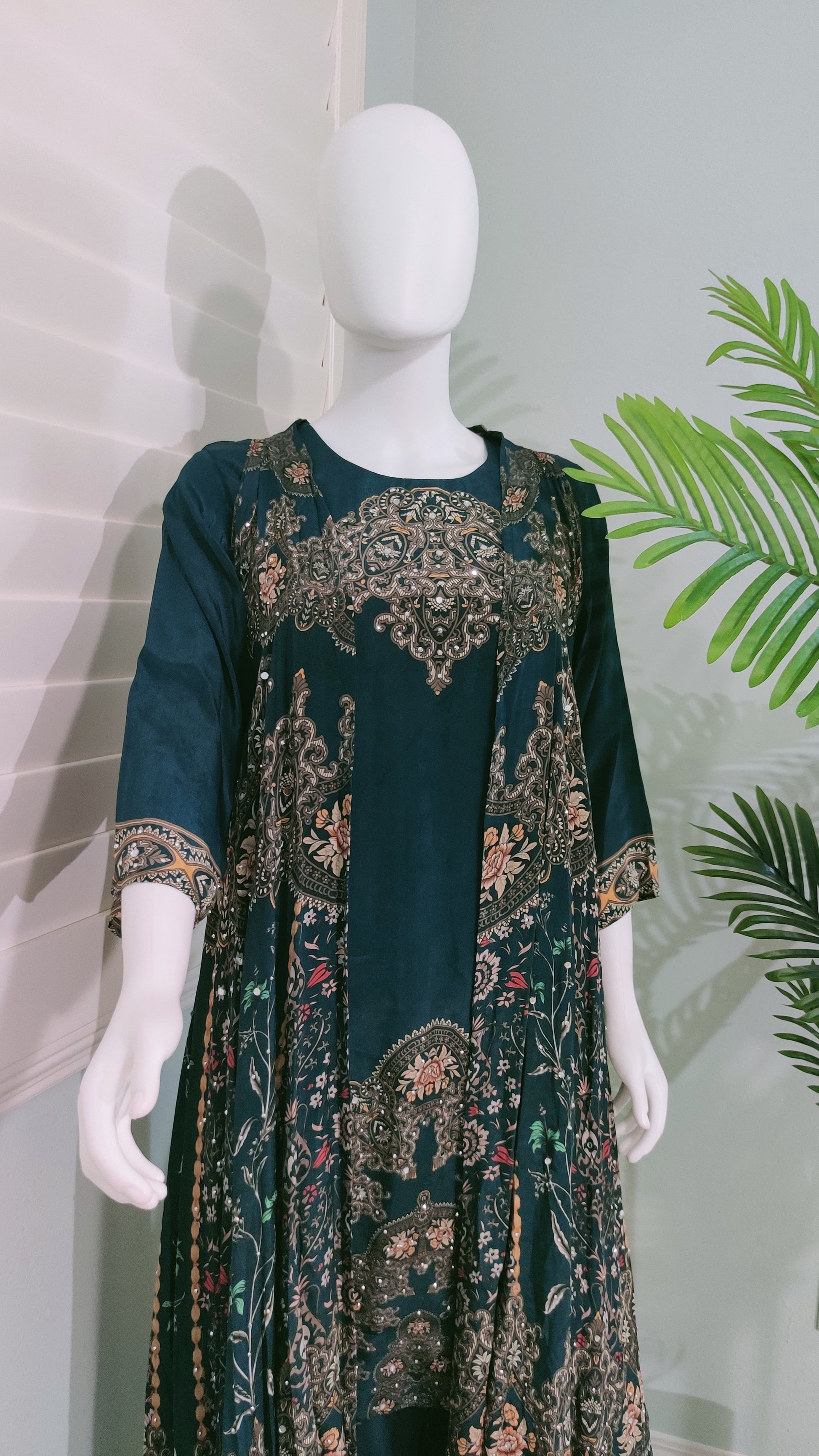 🌿 Regal Rust & Emerald Grace – Indo-Western Ensemble with Removable Jacket