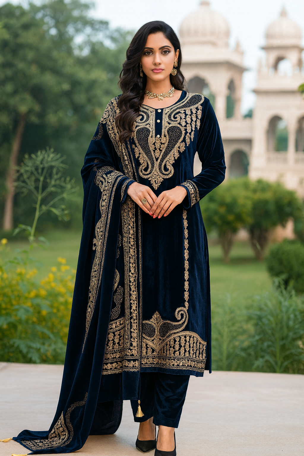 Navy Blue Fully Embroidered Velvet Kurta Set