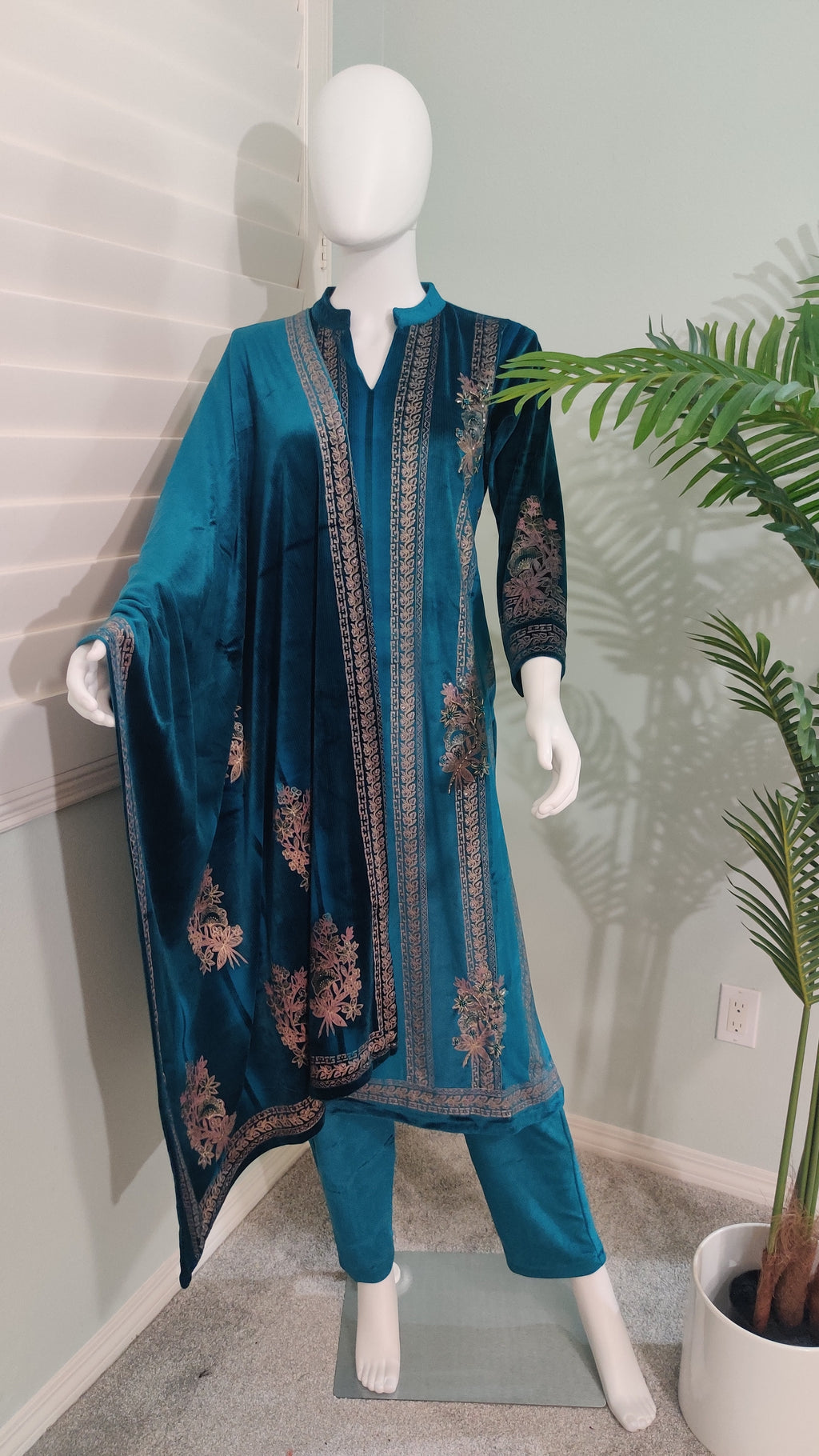 Teal Twilight: Embroidered Elegance in Velvet