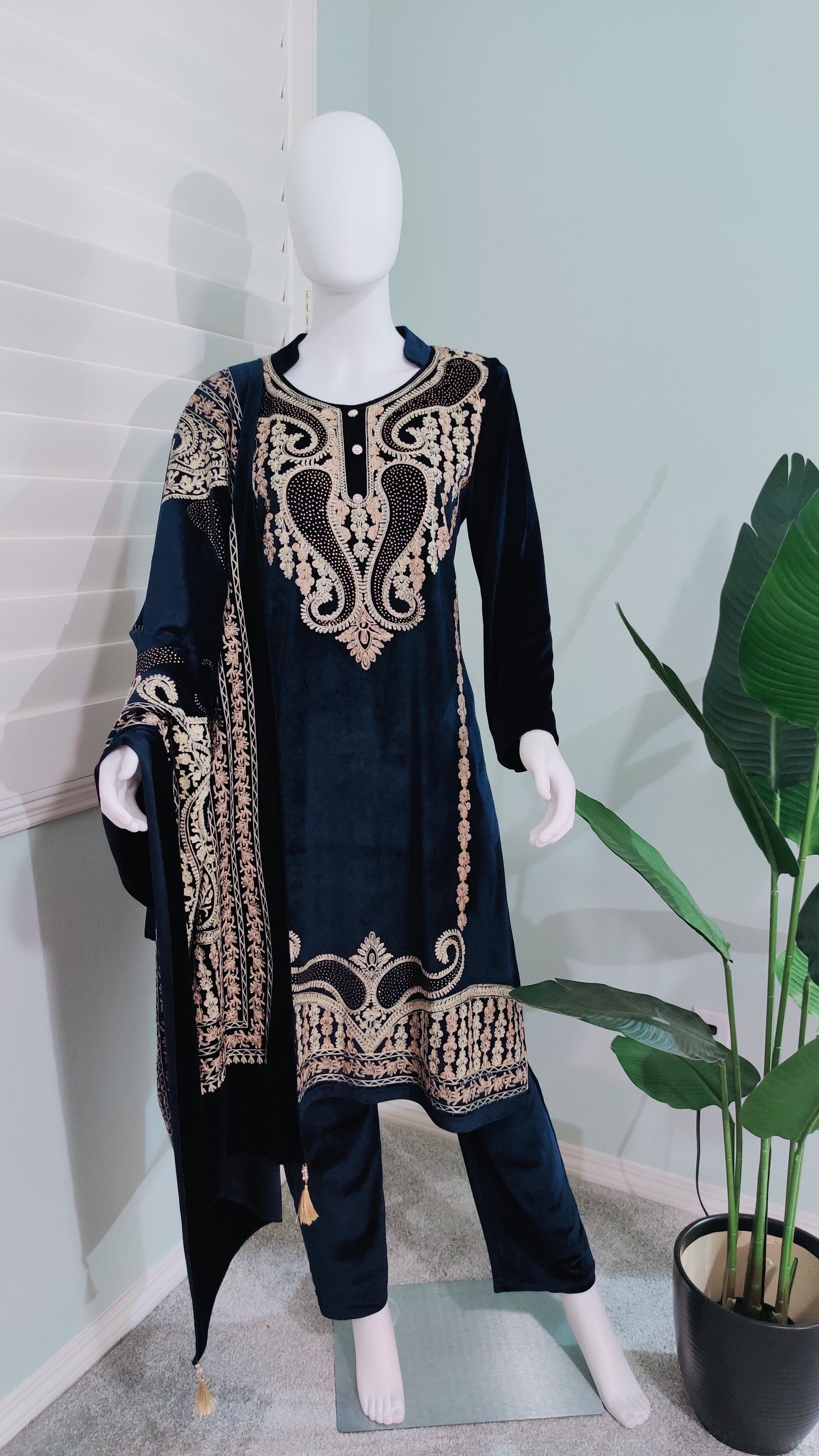 Navy Blue Fully Embroidered Velvet Kurta Set