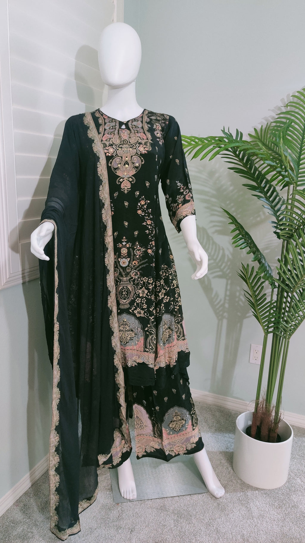 Black Digital Printed Mirror work Festive Wear Plazzo Suit