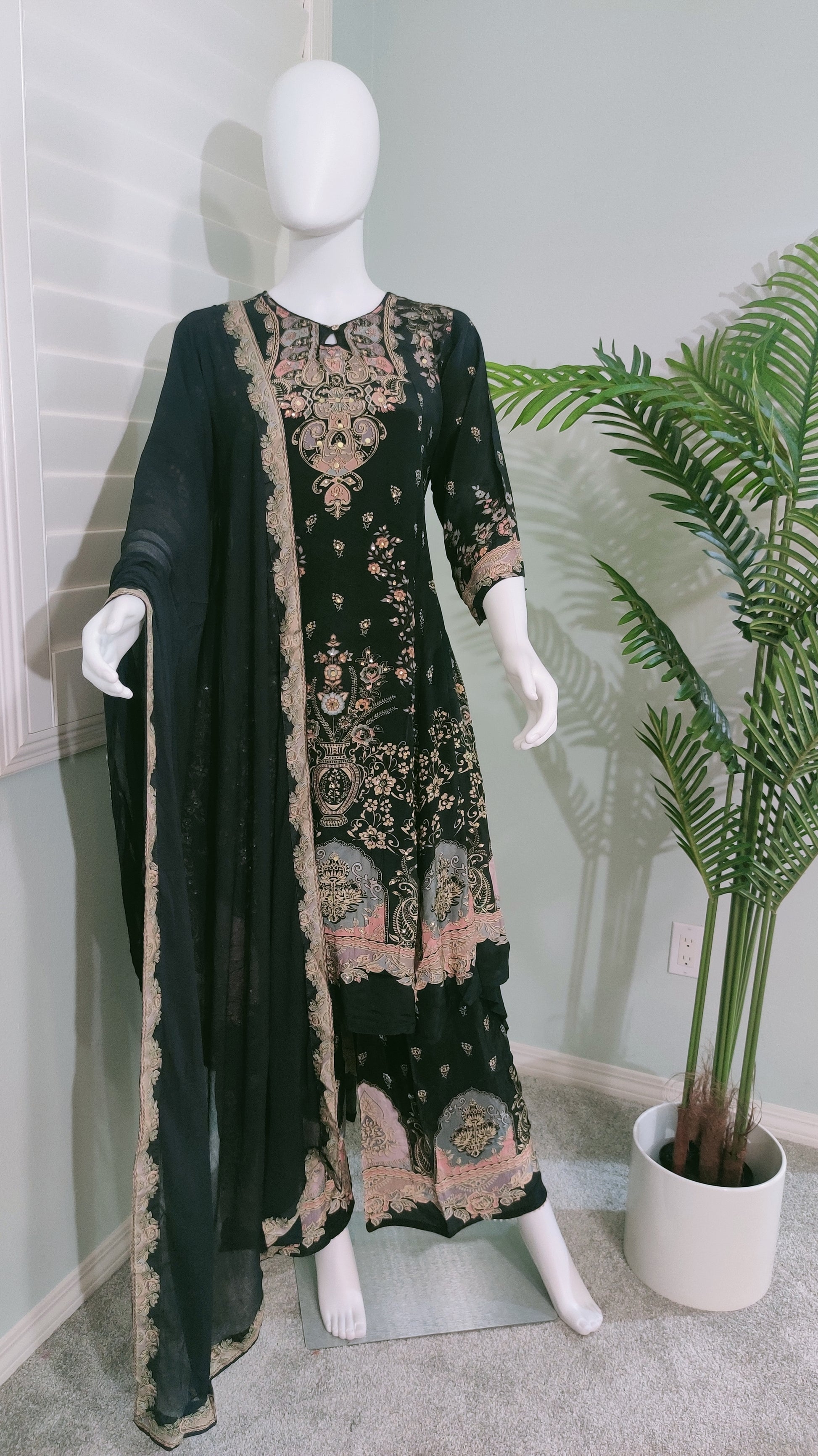 Black Digital Printed Mirror work Festive Wear Plazzo Suit