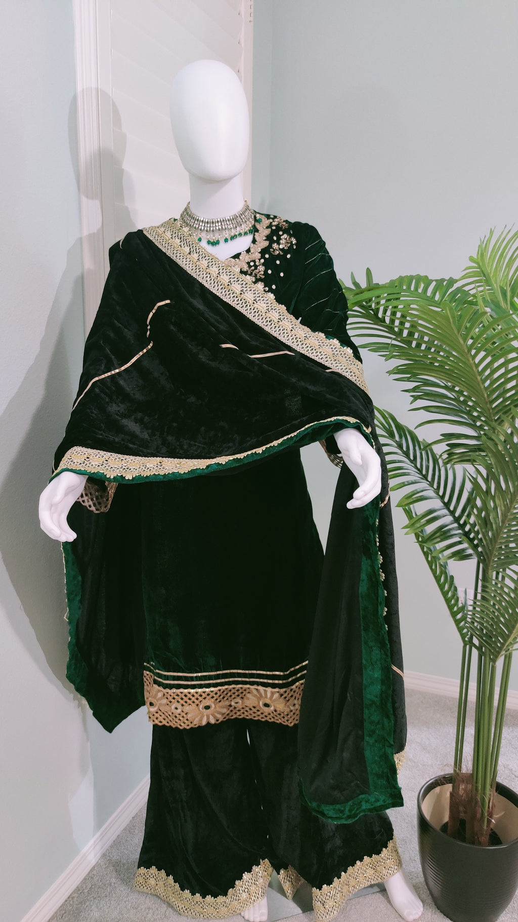 Embroidered Bottle Green Velvet Suit With Black Palazzo And Back Dupatta
