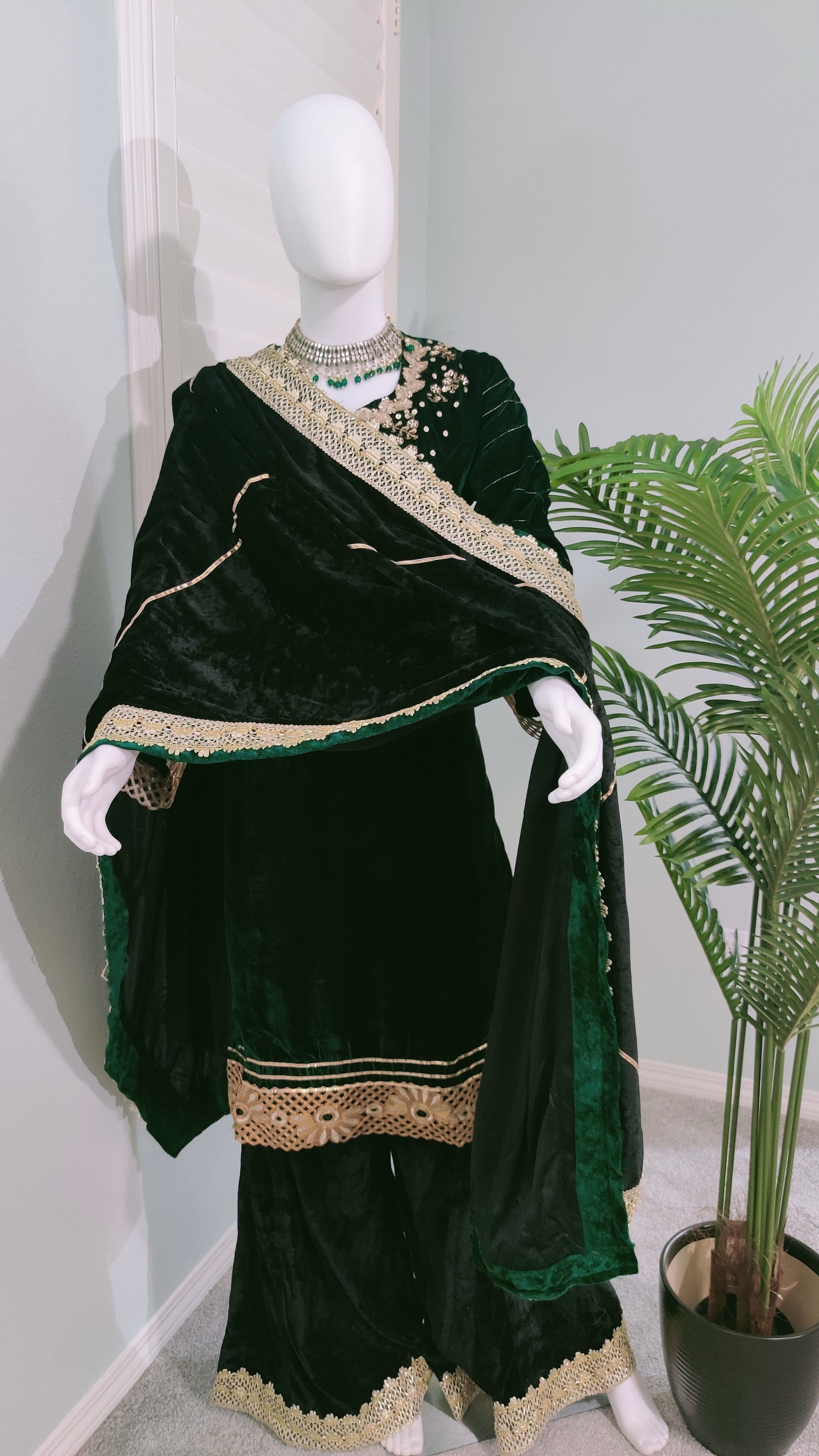 Embroidered Bottle Green Velvet Suit With Black Palazzo And Back Dupatta