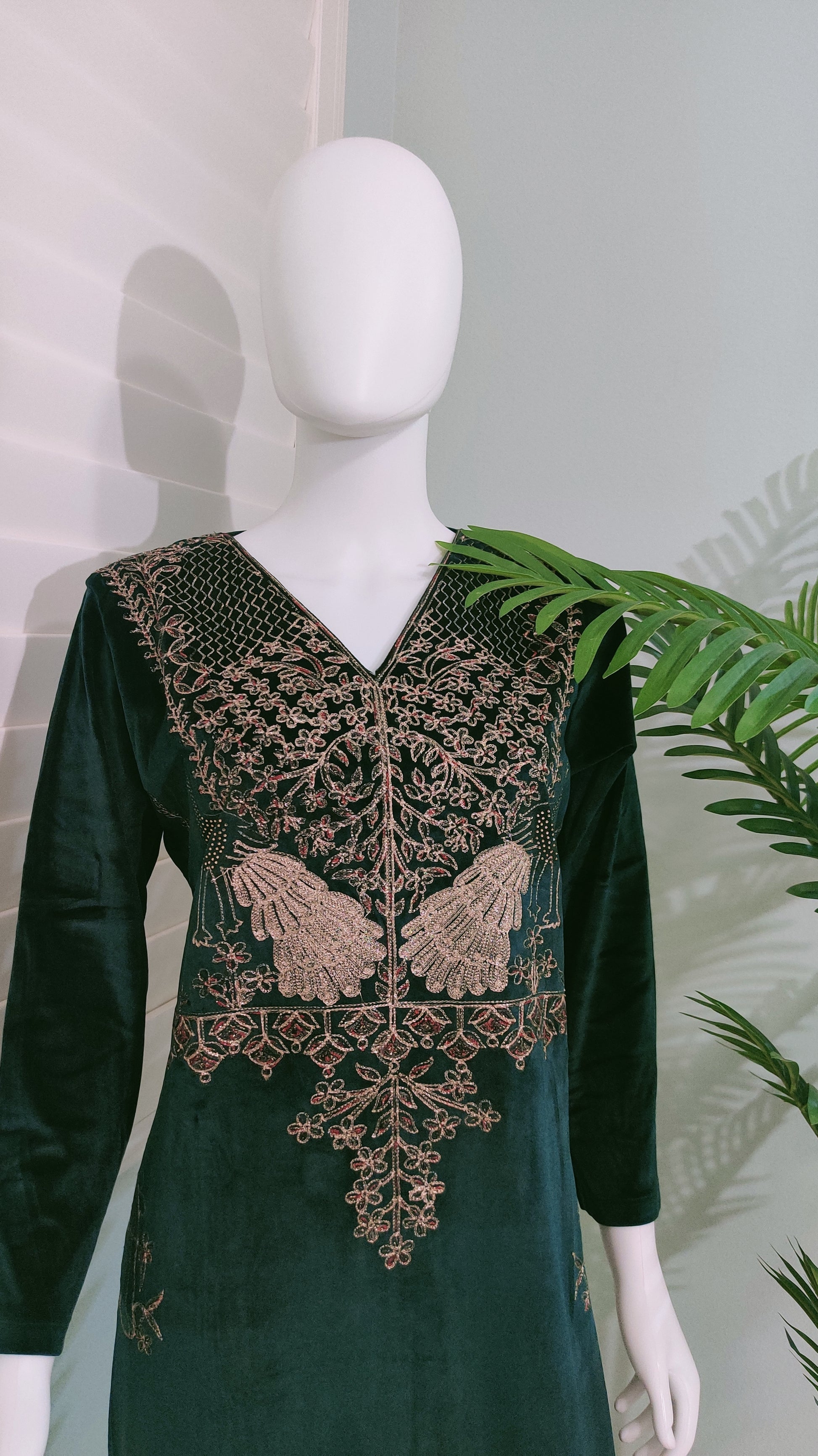 Bottle Green Velvet Embroidered Suit Set