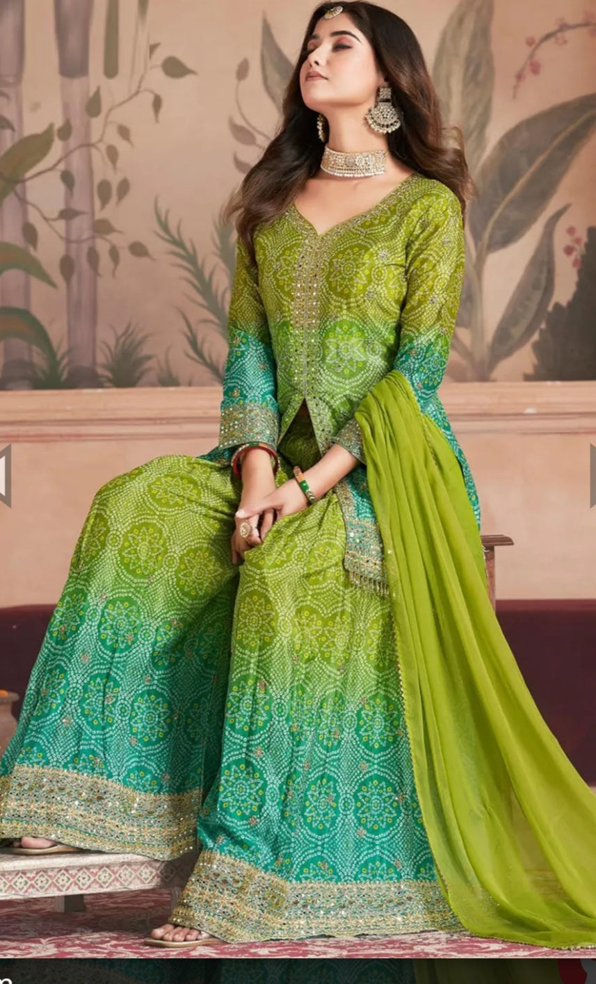 Chinnon Fabric Bandhej Print Heavy Palazzo Kurta Set