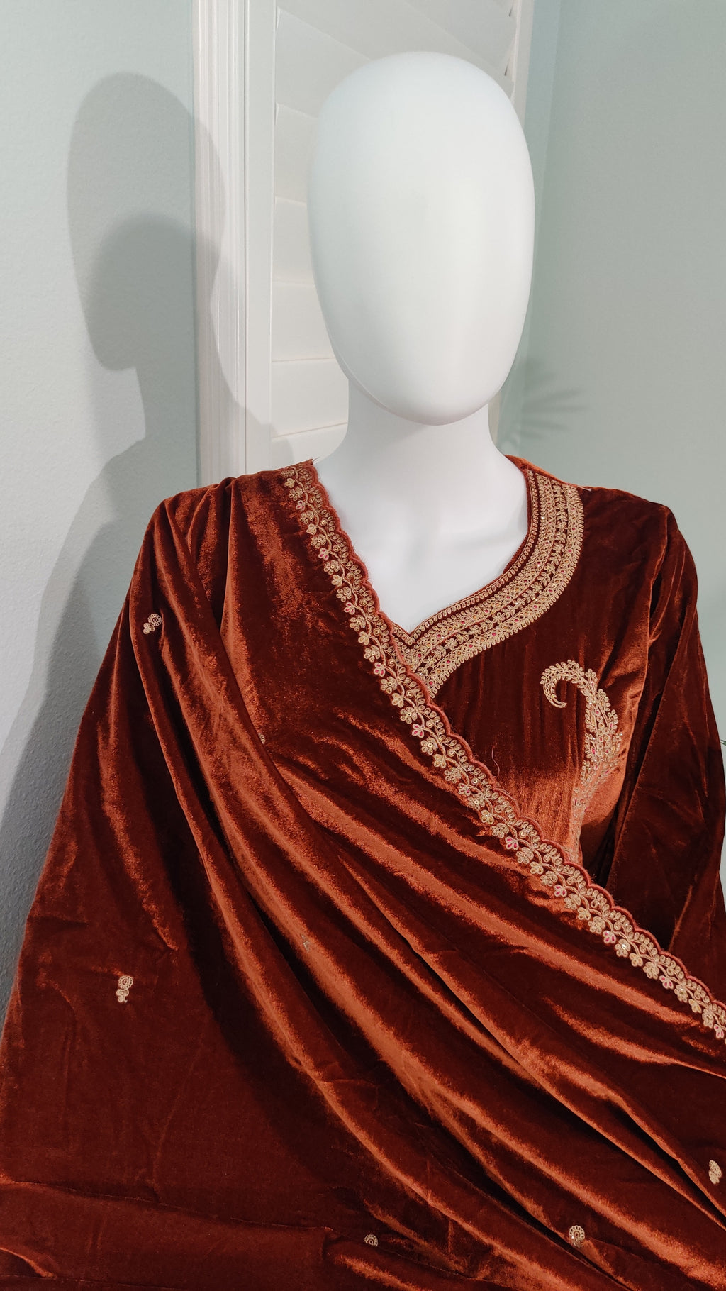Fully Embroidered Brown Colour Velvet Suit With Embroidered Dupatta