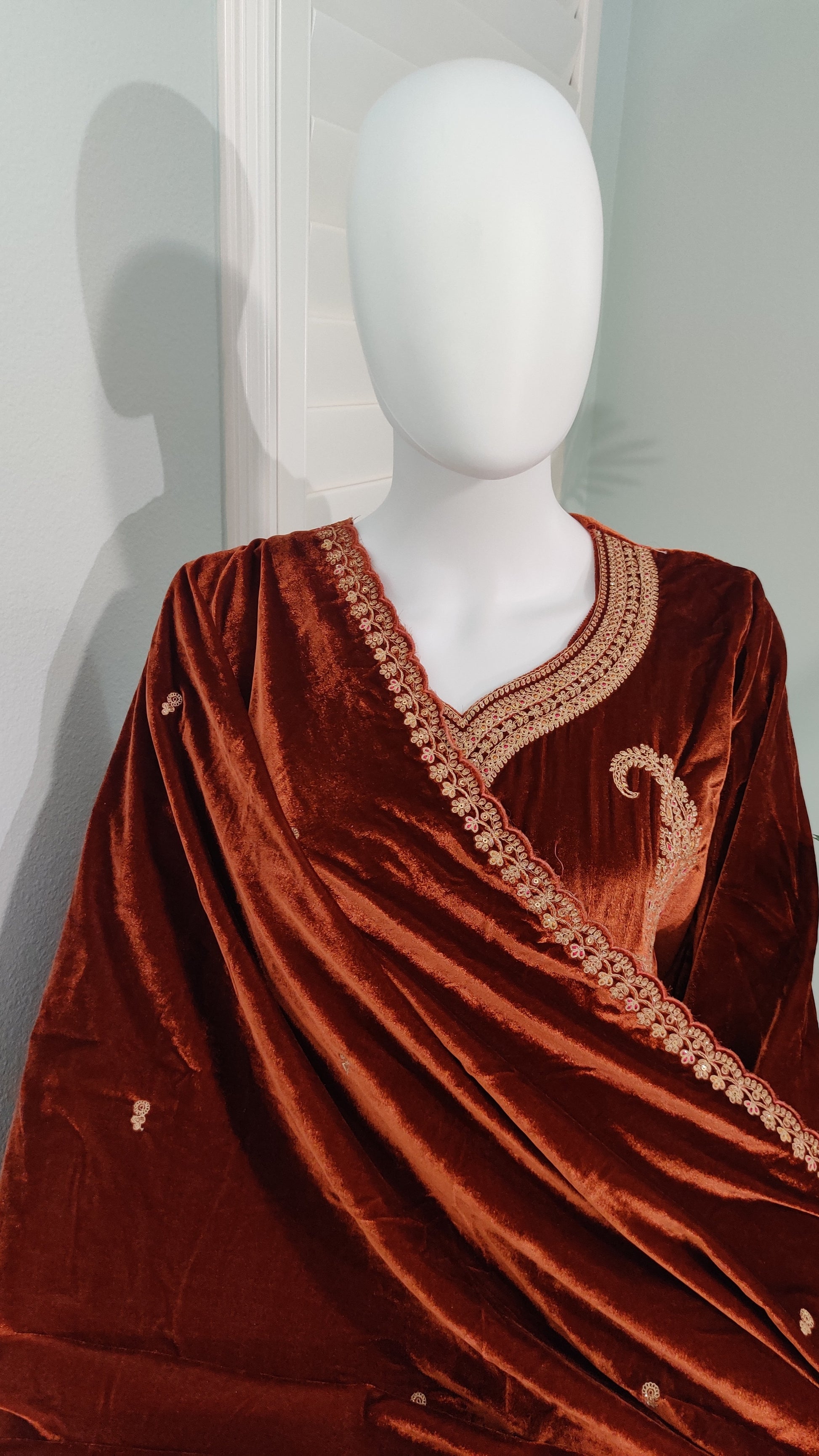 Fully Embroidered Brown Colour Velvet Suit With Embroidered Dupatta