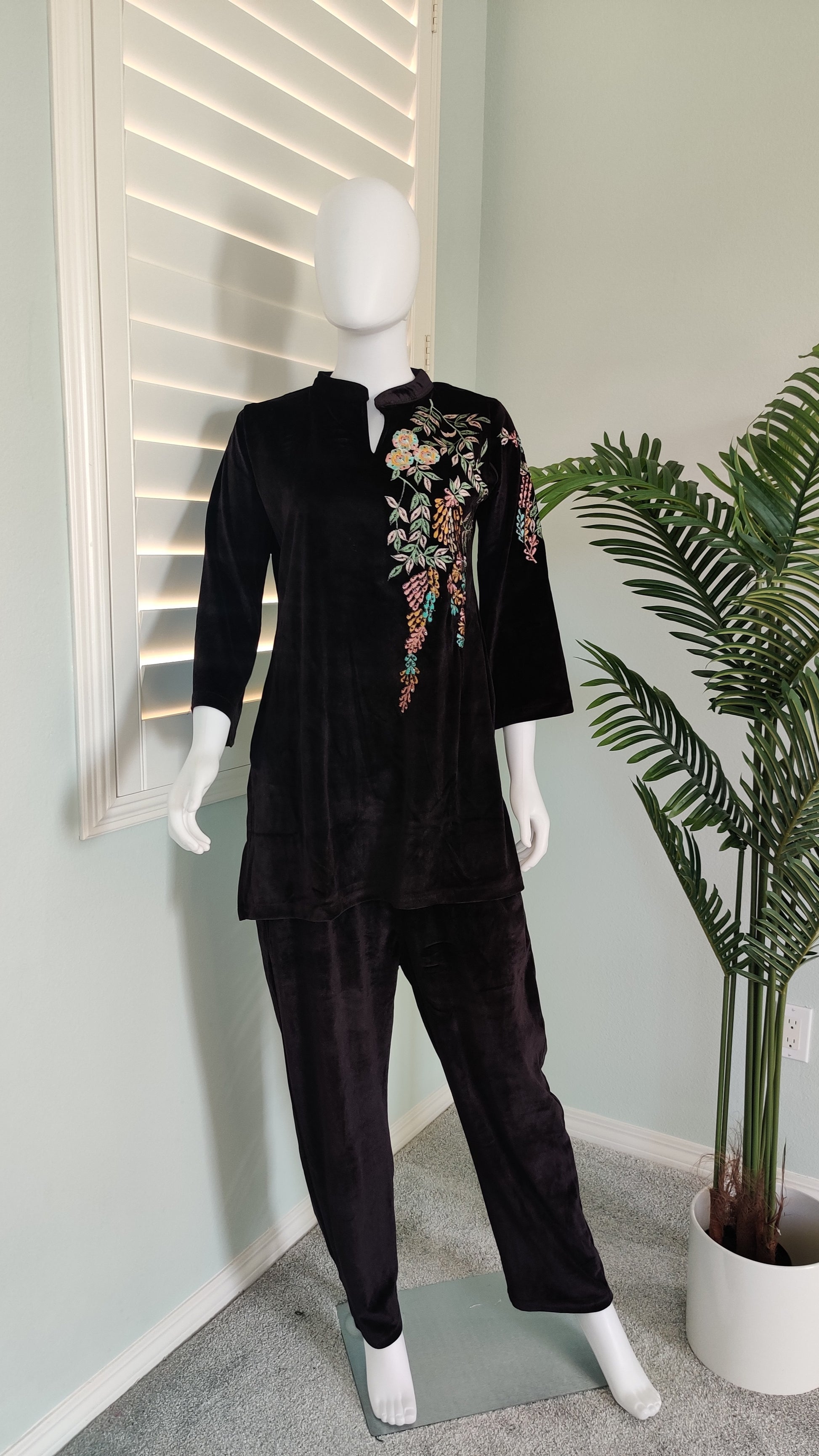 Brown Velvet Cord Set with Multicolor Floral Embroidery