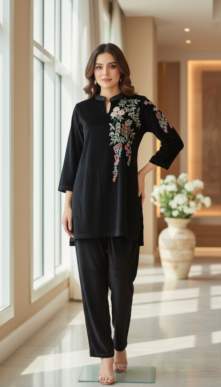 Brown Velvet Cord Set with Multicolor Floral Embroidery