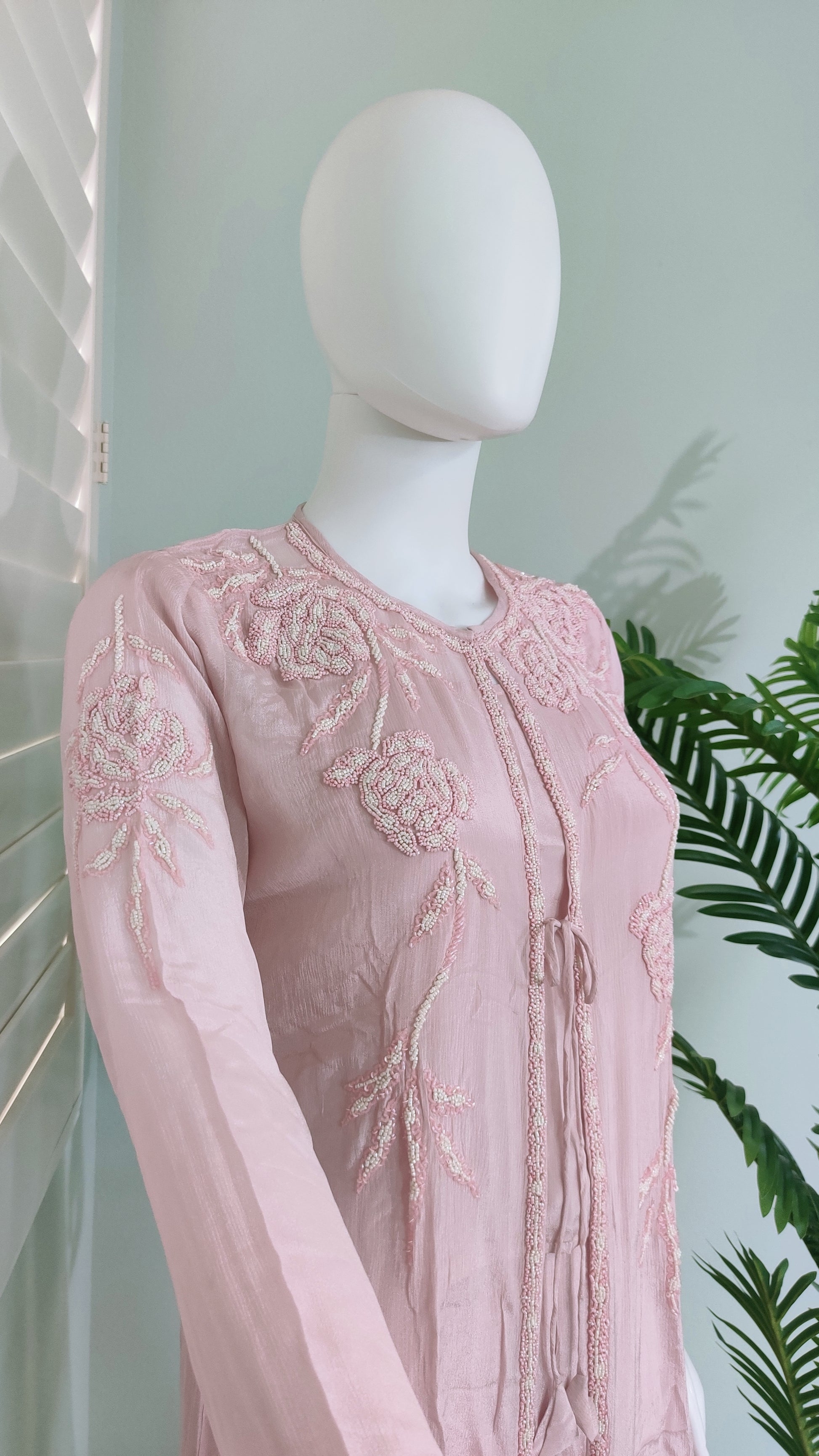 🌸 Blush Bloom: Three-Piece Indo-Western Set with Removable Jacket