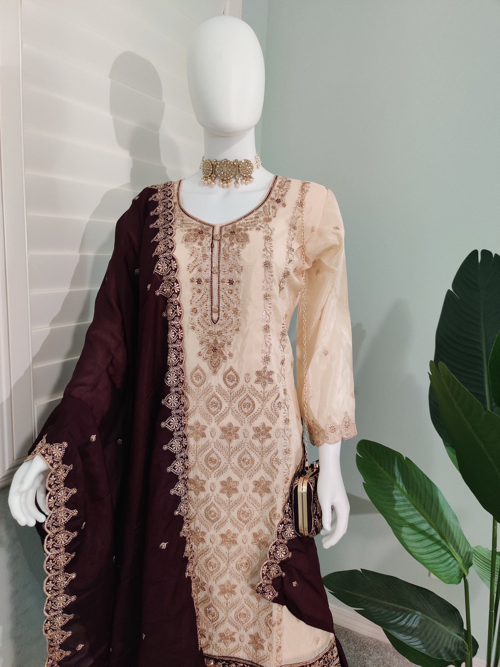 Glass Organza Embroidered Straight Pant Kurta set with Matching Purse
